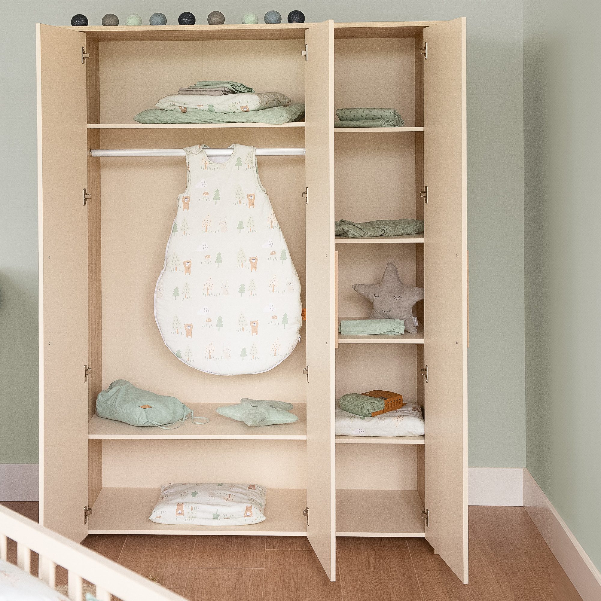 roba® Momo Baby Room Complete Set - Modern Wooden Nursery - Cashmere - Artisan Oak Decor, (3-piece set, 3-piece set, cot 70 x 140 cm, changing table with 3 drawers, wardrobe), cot: removable bars & 3-way height adjustable - Beige / Cashmere