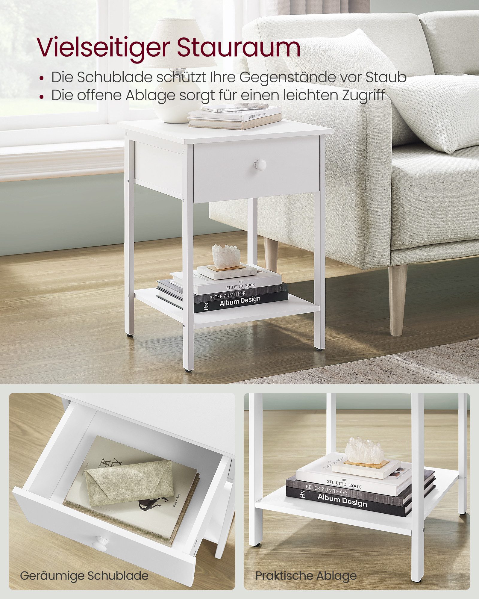 VASAGLE Nachttisch Nachtkommode, Beistelltisch, 40 x 40 x 55 cm, Schlafzimmer, Wohnzimmer (1-St), mit Schublade und Ablage, Stahlrahmen, einfacher Aufbau, mattweiß