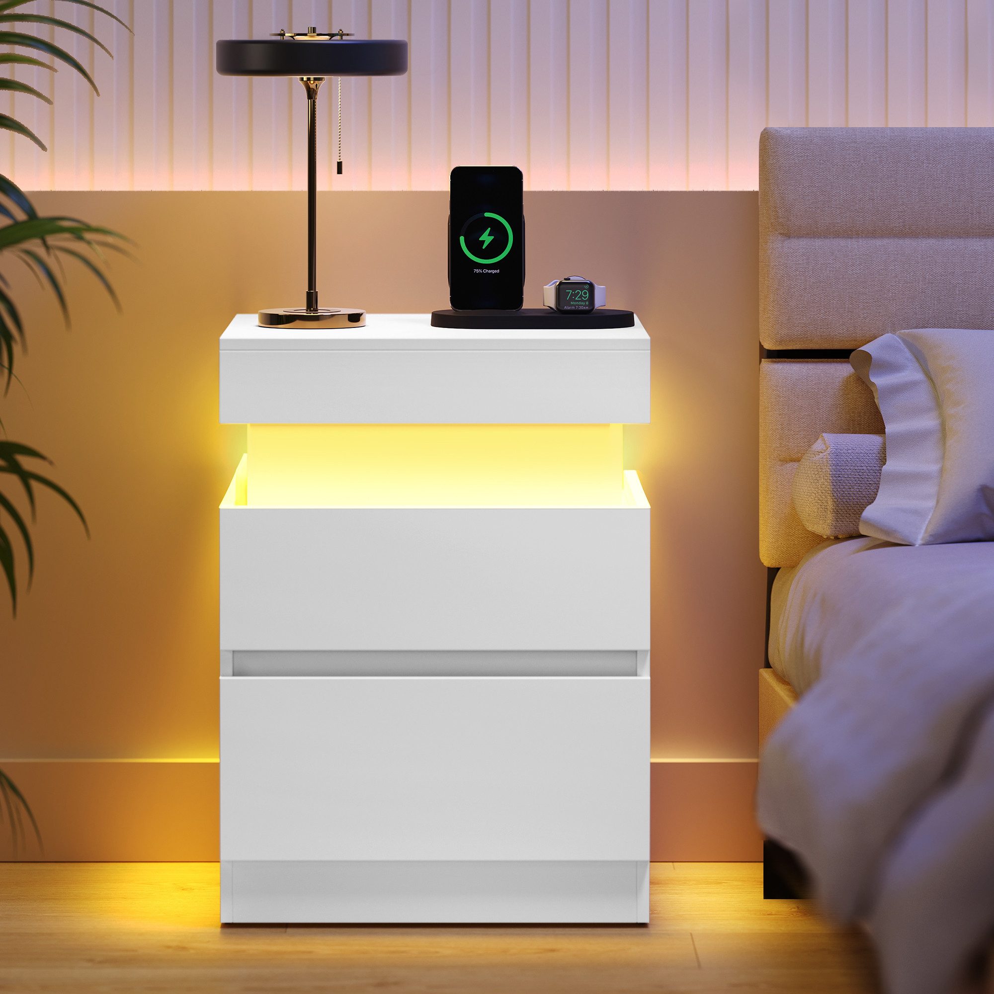 VASAGLE Nachttisch mit Steckdosen, Schiebedeckel, 2 Schubladen und LED-Beleuchtung, moderner Beistelltisch, 1er/2er Set