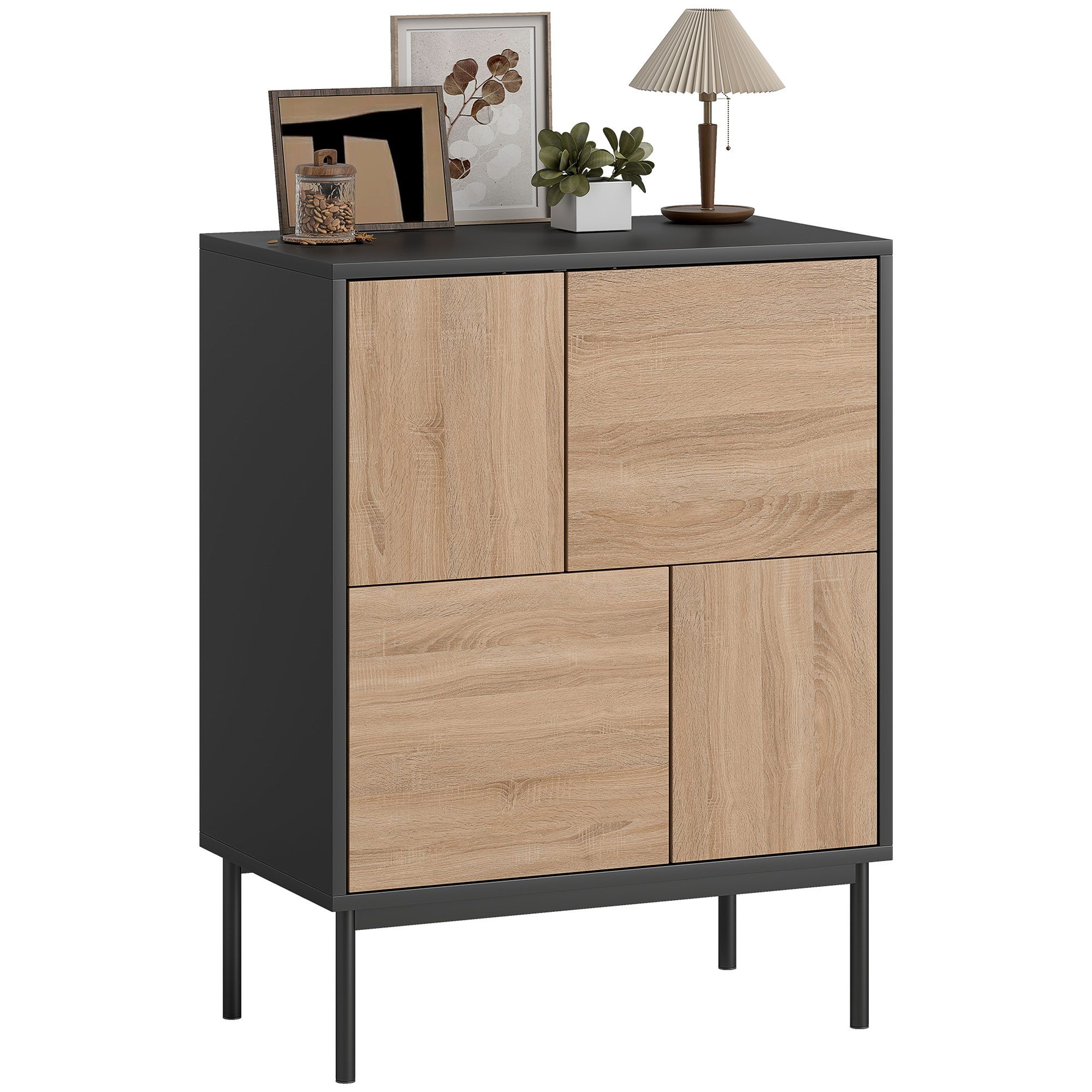 HOMCOM Sideboard mit Push-to-Open-Türen, Metallbeine (Kommode, 1 St., Aufbewahrungsschrank), für Küche, Esszimmer, Wohnzimmer, Schwarz+Naturholz