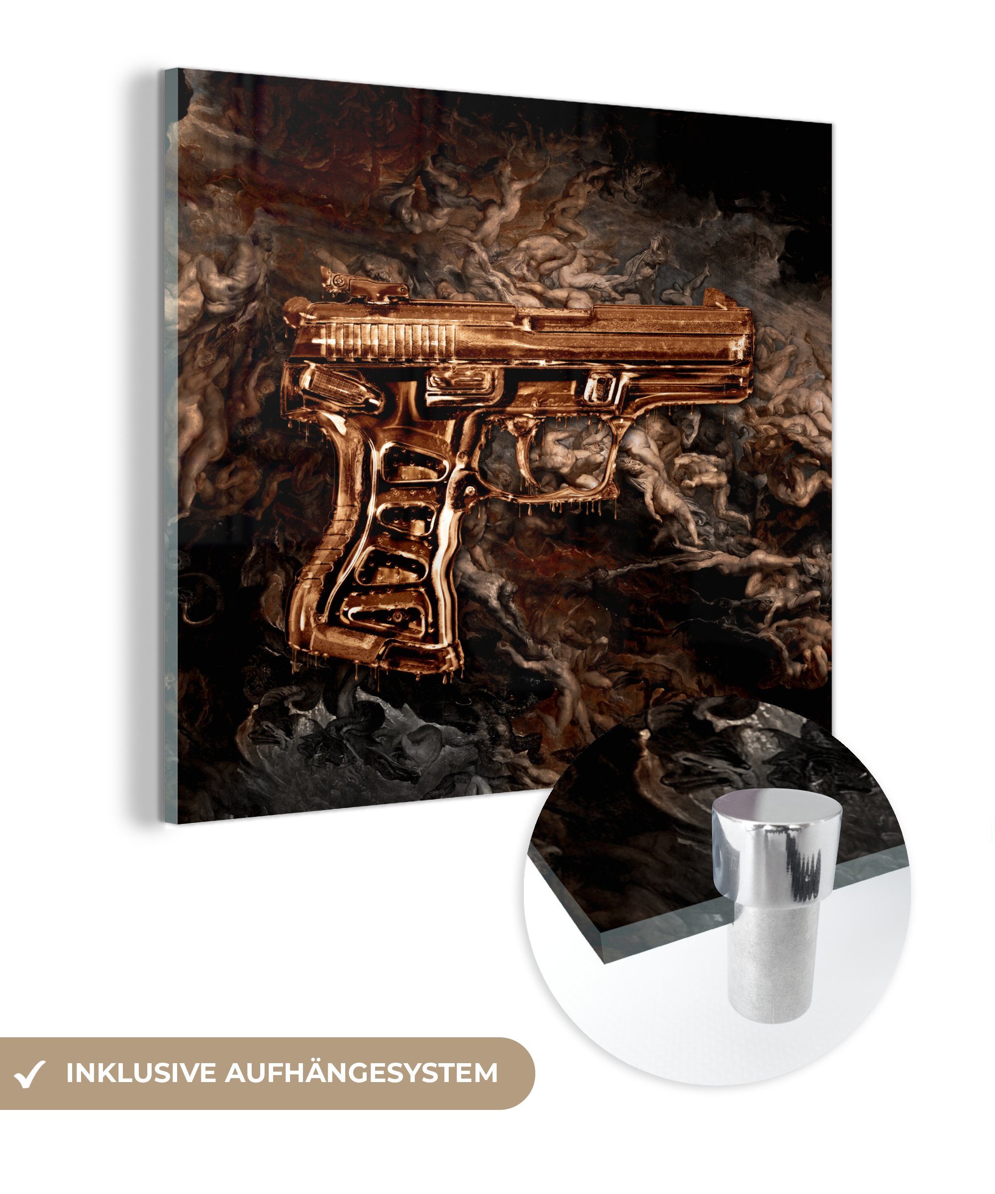 MuchoWow Acrylglasbild Pistole - Gold - Schwarz, (1 St), Glasbilder - Bilder auf Glas Wandbild - Foto auf Glas - Wanddekoration