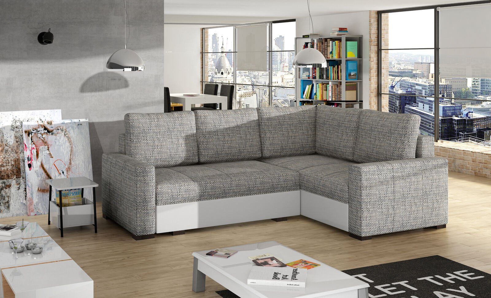 JVmoebel Ecksofa, Design Ecksofa Schlafsofa Bettfunktion Couch Leder Grau / Hellgrau