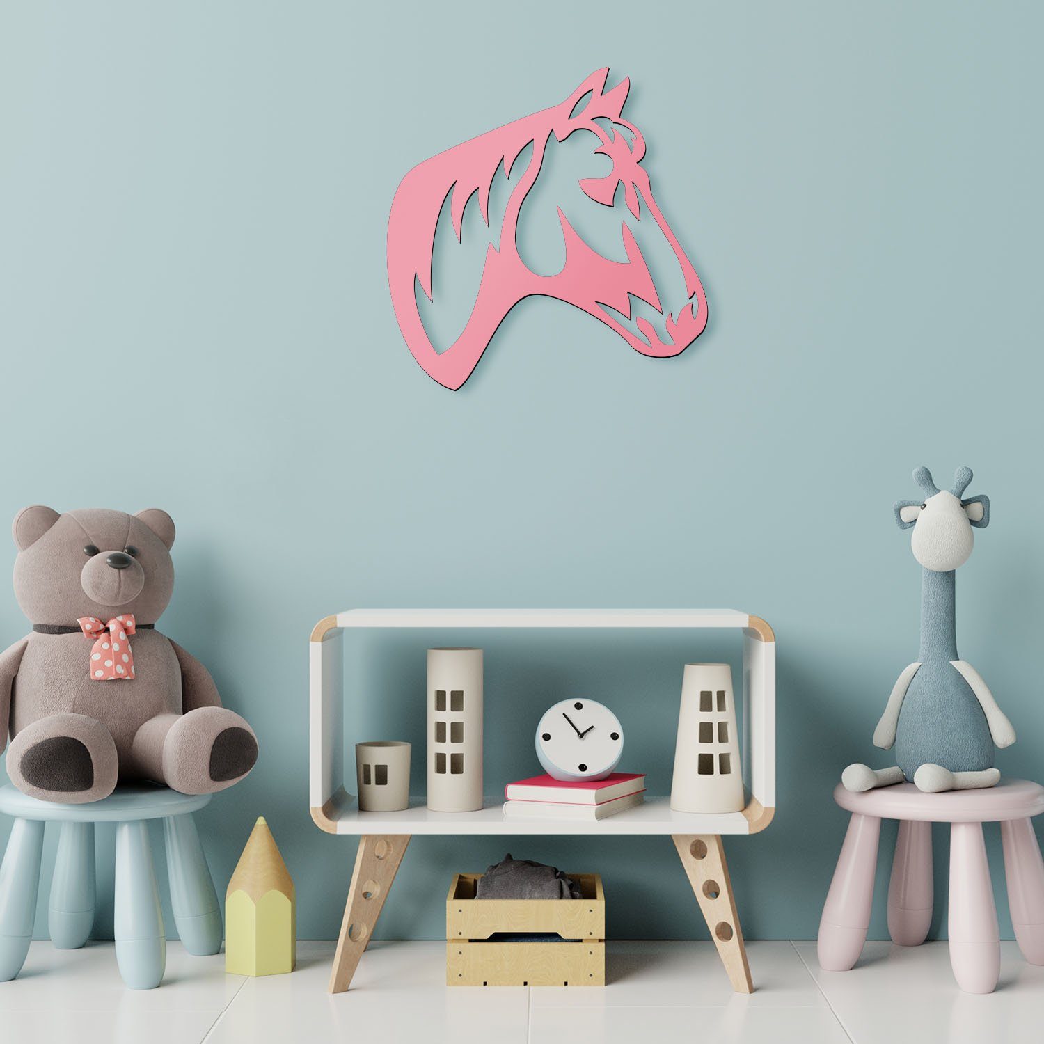 Namofactur LED Dekolicht Pferd integriert, fest LED Rosa Farbwechsler Kinderzimmer, Wandlampe Holz Pferdekopf Nachtlicht, RGB