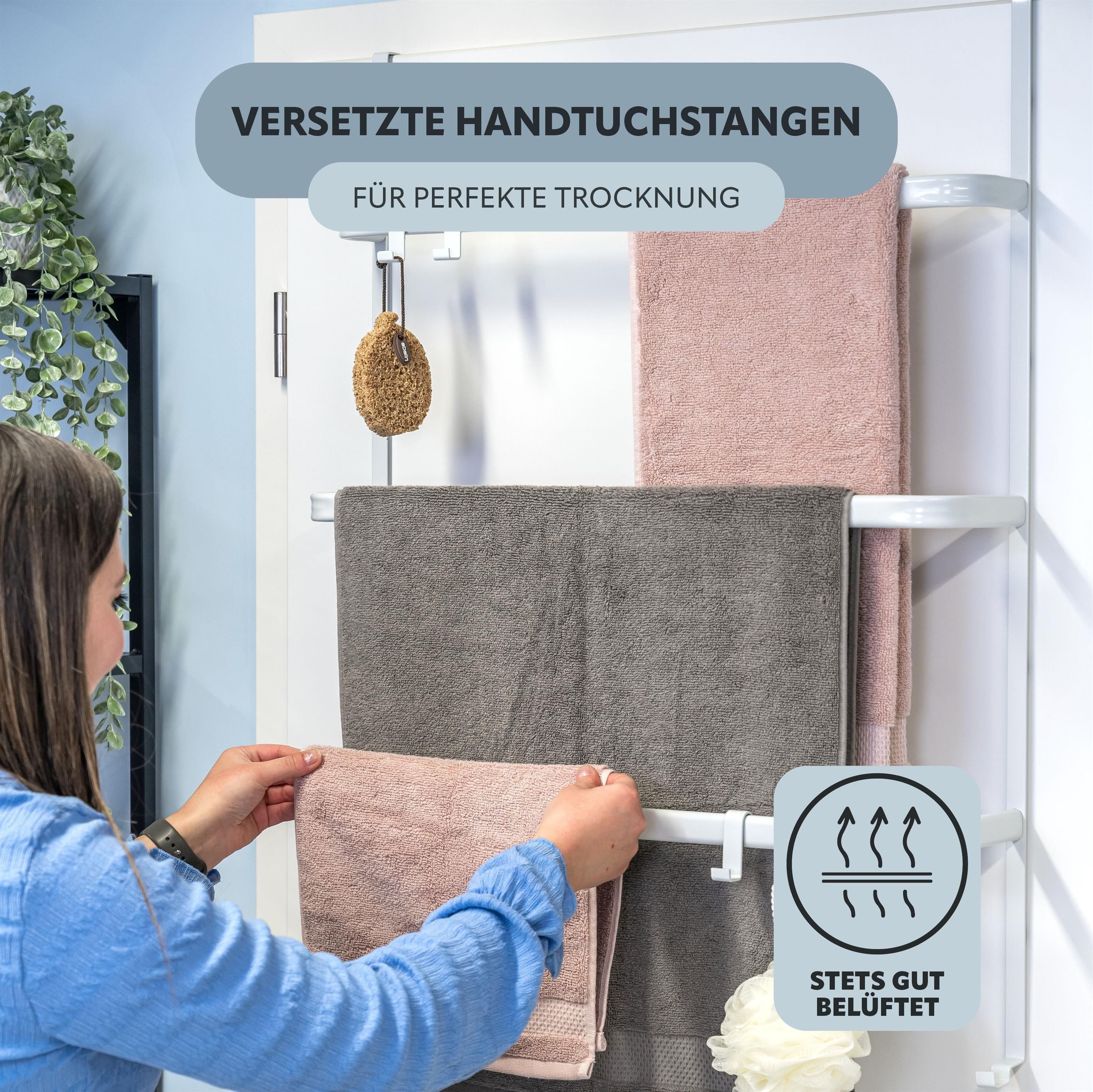 bremermann Handtuchhalter Tür-Hängeregal aus Metall, 3 Handtuchstangen und 4 Haken