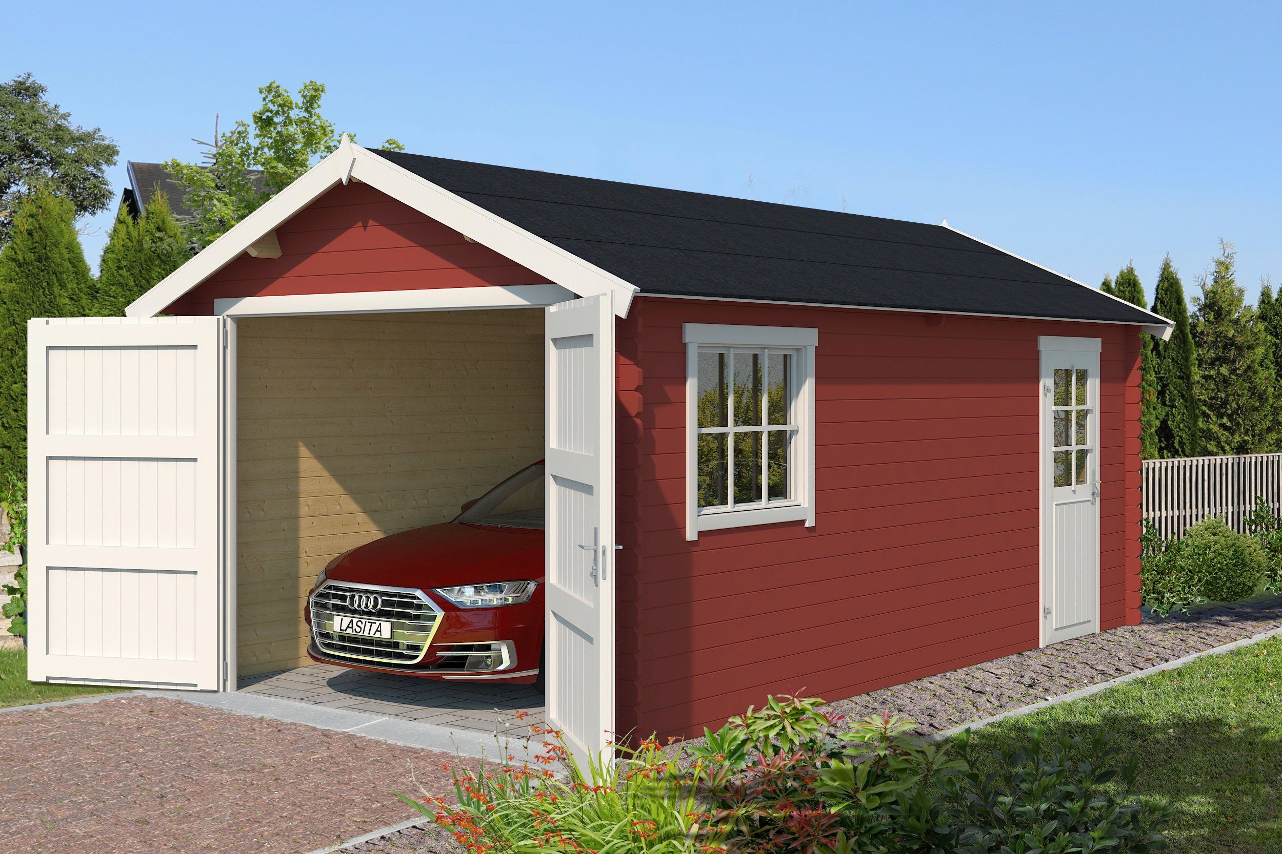 LASITA MAJA Garage Dillon, 3000x5400, Fundamentmass Blochbohlengarage 34mm, Schwedenrot