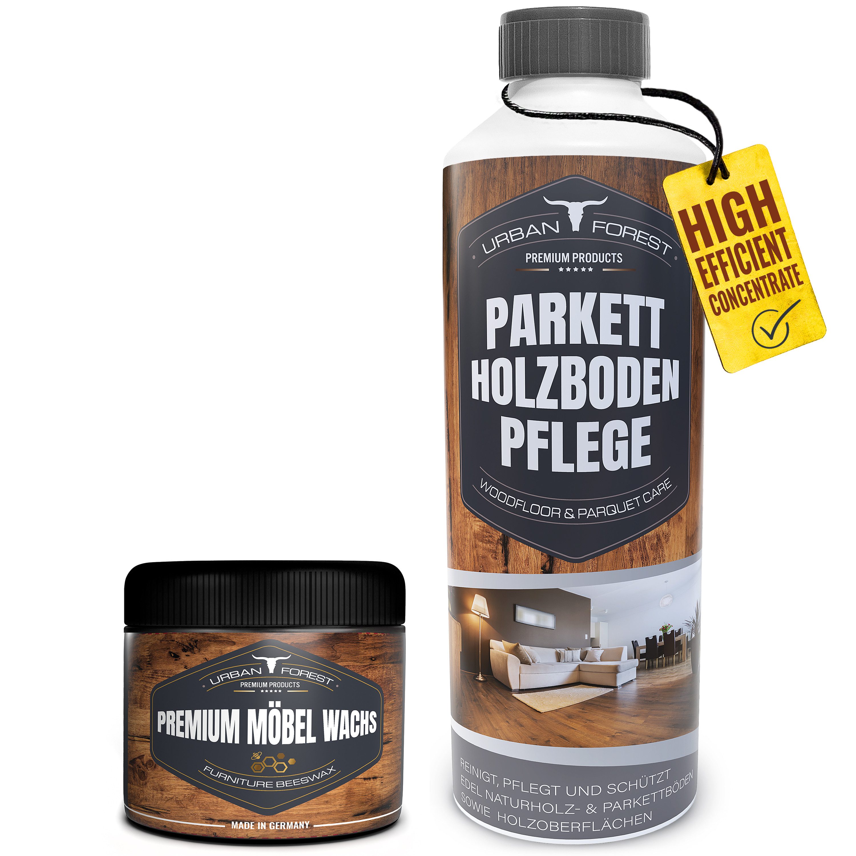 URBAN FOREST Holzbodenreiniger 1L, Bodenpflege+ Möbel Wachs 250ml Vinyl- und Designbodenreiniger (2-St. Holzbodenreiniger + Möbel Wachs)