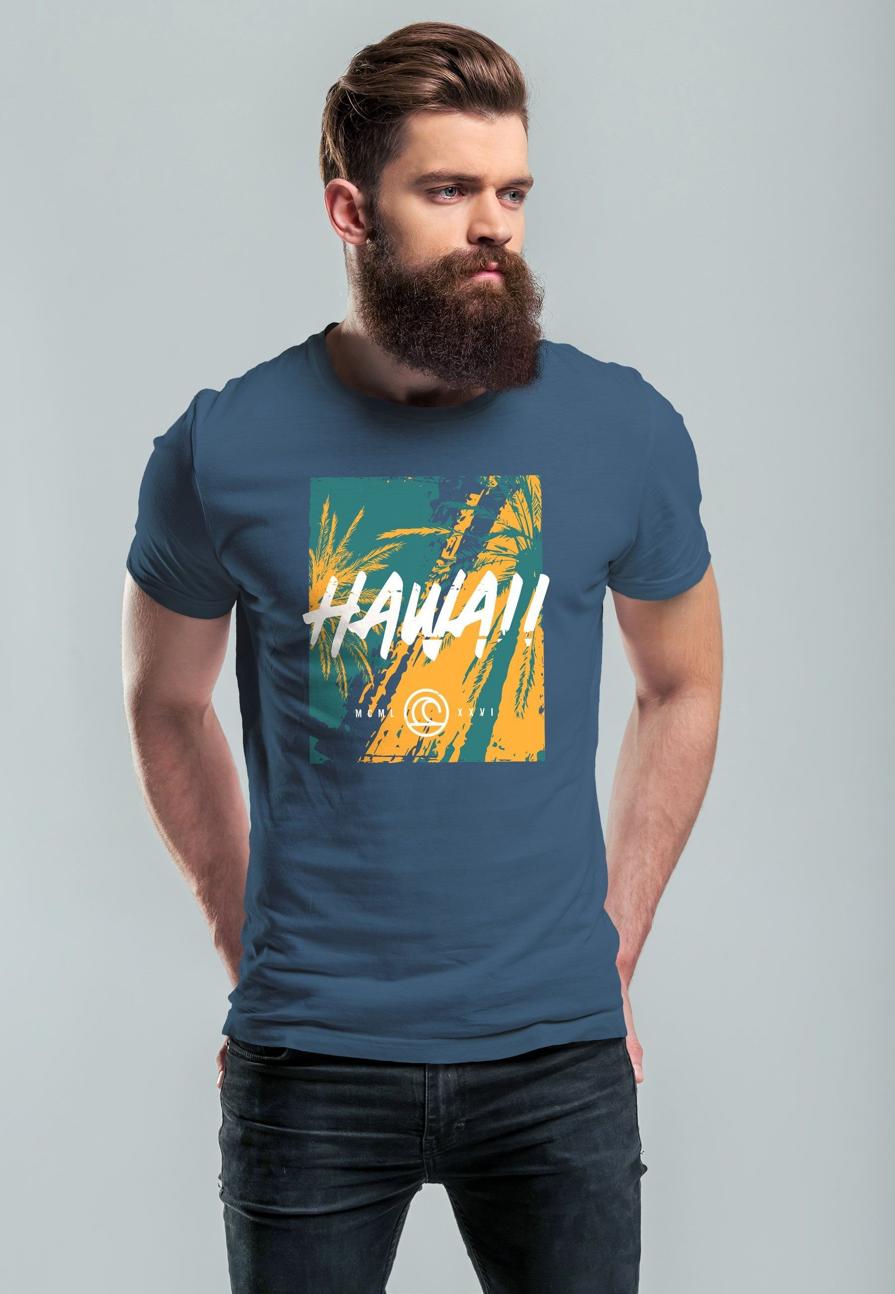 Palmen Fashion T-Shirt Print-Shirt Aufdruck blue Str Print Print Neverless denim Herren Sommer mit Hawaii Surfing
