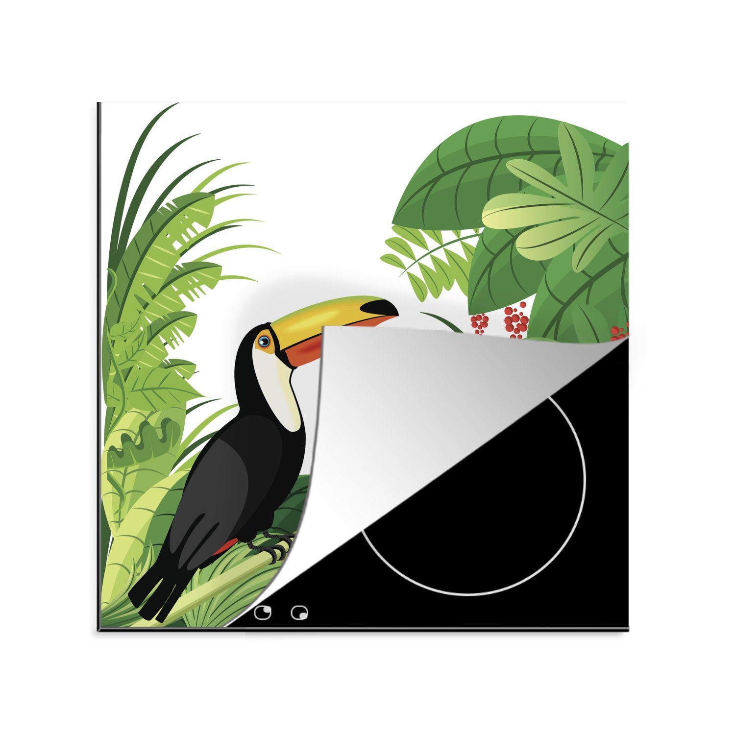 MuchoWow Herdblende-/Abdeckplatte Vektor-Illustration eines Tukans und eines tropischen Regenwaldes, Vinyl, (1 tlg), 78x78 cm, Ceranfeldabdeckung, Arbeitsplatte für küche