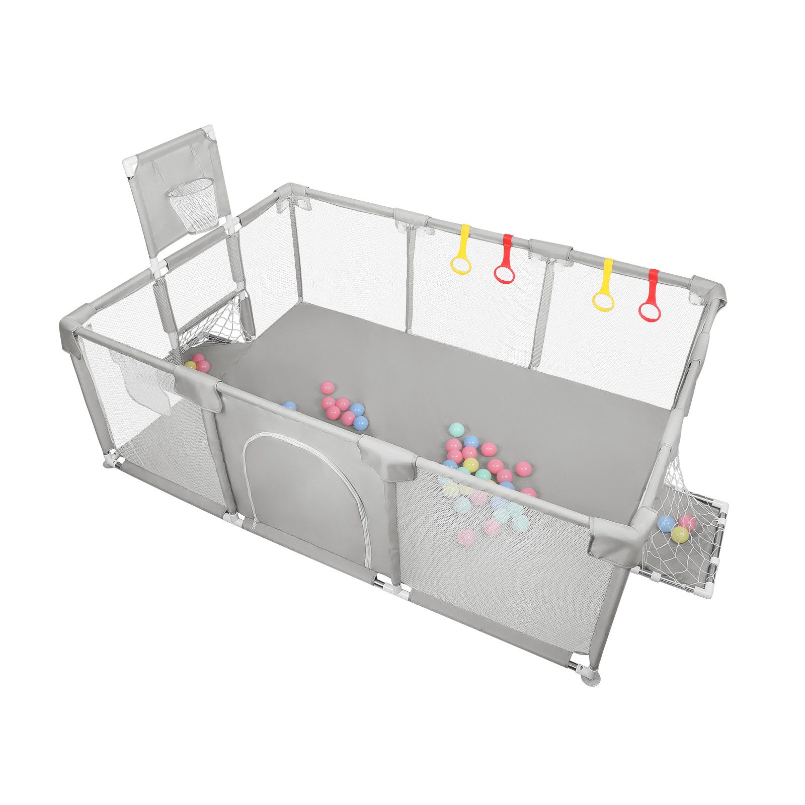 JEOBEST Laufstall Baby Laufgitter - Große Sicherheitsspielplatz, 180x120x66cm - mit Basketball-Netz 50 Ozeanbälle und 4 bunten Ringen
