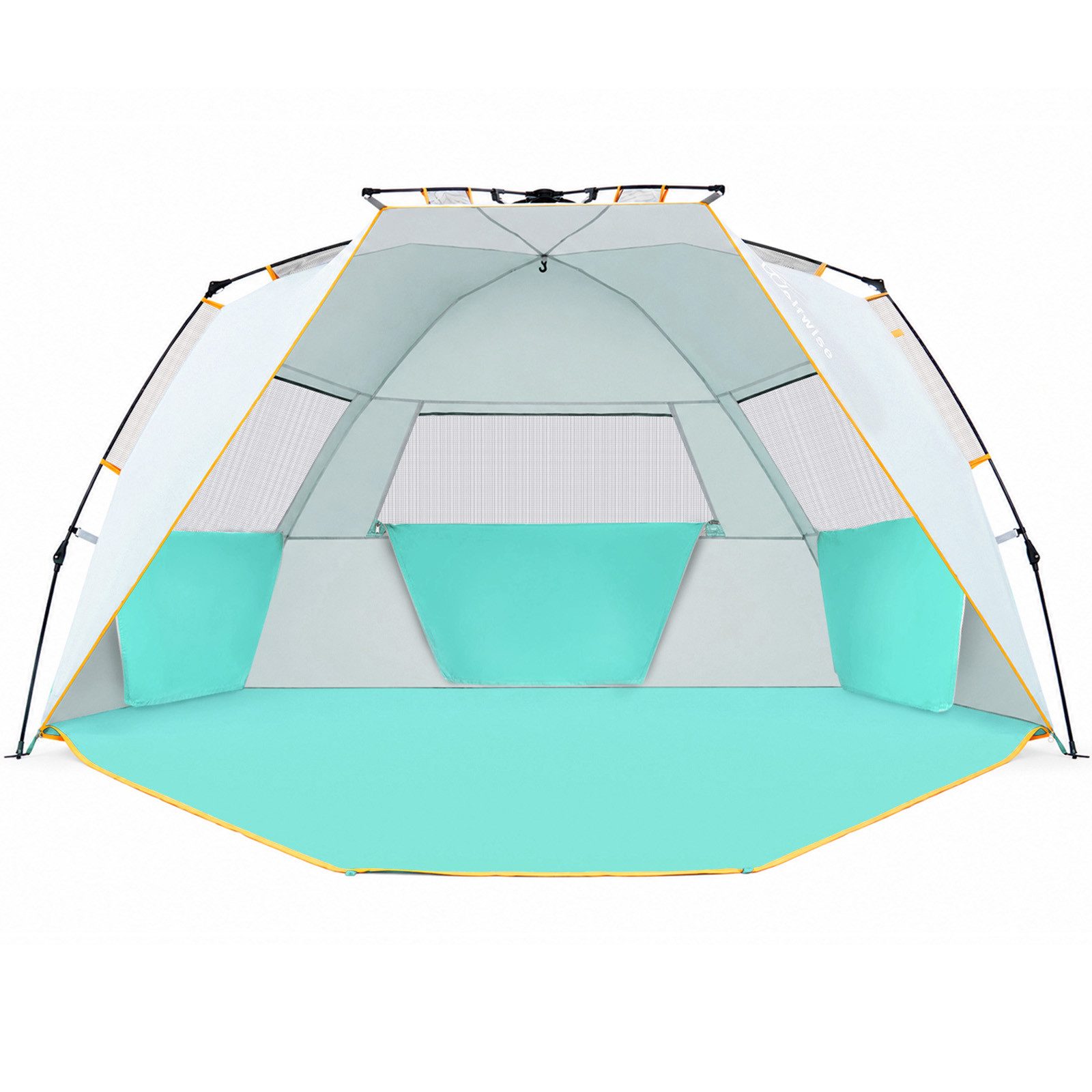 Wolfwise Strandmuschel Strandpavillon UV50+ leicht aufbau wasserfest Mesh-Fenster Strand., Personen: 7 (Set, 1 Strandmuschel, 4 Abspannleinen, 10 Heringe), UPF 50+, Wasserabweisend, Kordelzug