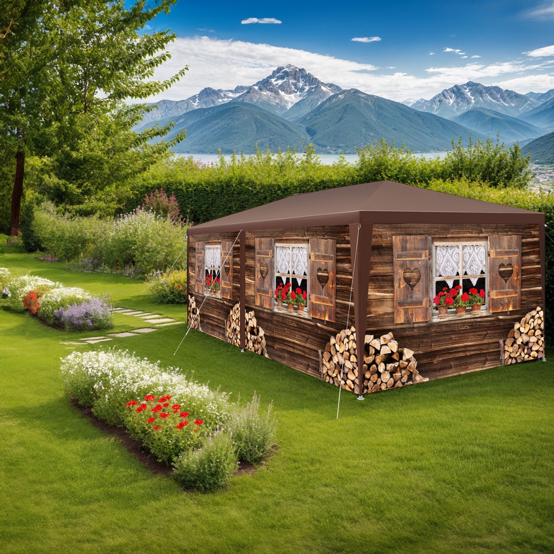 tectake Pavillon Rattan Gartenzelt in 2 Größen, inklusive Spannseilen und Heringen, mit 8 Seitenteilen, (Partyzelt Almchalet, in braun), im Steckystem, abnehmbare Seitenteile, mit UV-Schutz, wasserdicht