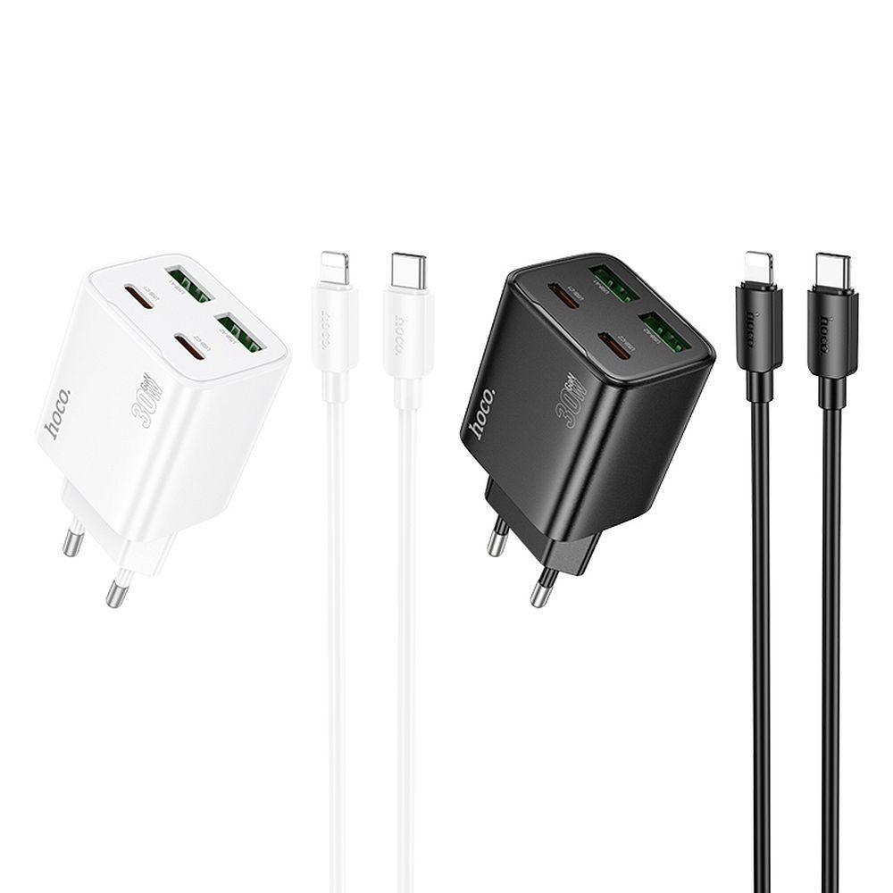 hoco. N56 USB-Ladegerät (3000 mA, Einzelartikel, Inklusive 1 m USB-C-auf-iPhone-Kabel, PD + QC3.0 Schnellladen, 30W, 4 Ports, inkl. iPhone-Kabel)