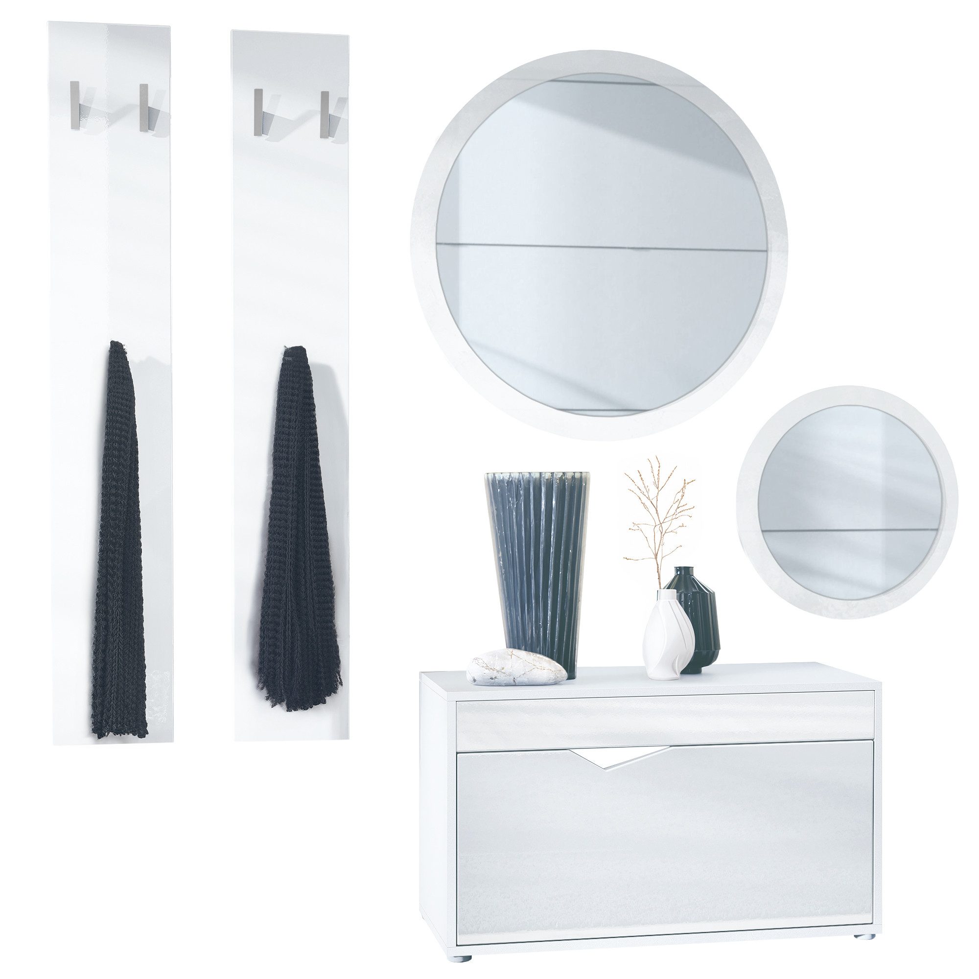 Vladon Garderoben-Set Espoo, (Flur Garderobe, mit Schuhbank, 2 Wandpaneel und 2 Runde Wandspiegel), Weiß matt/Weiß Hochglanz