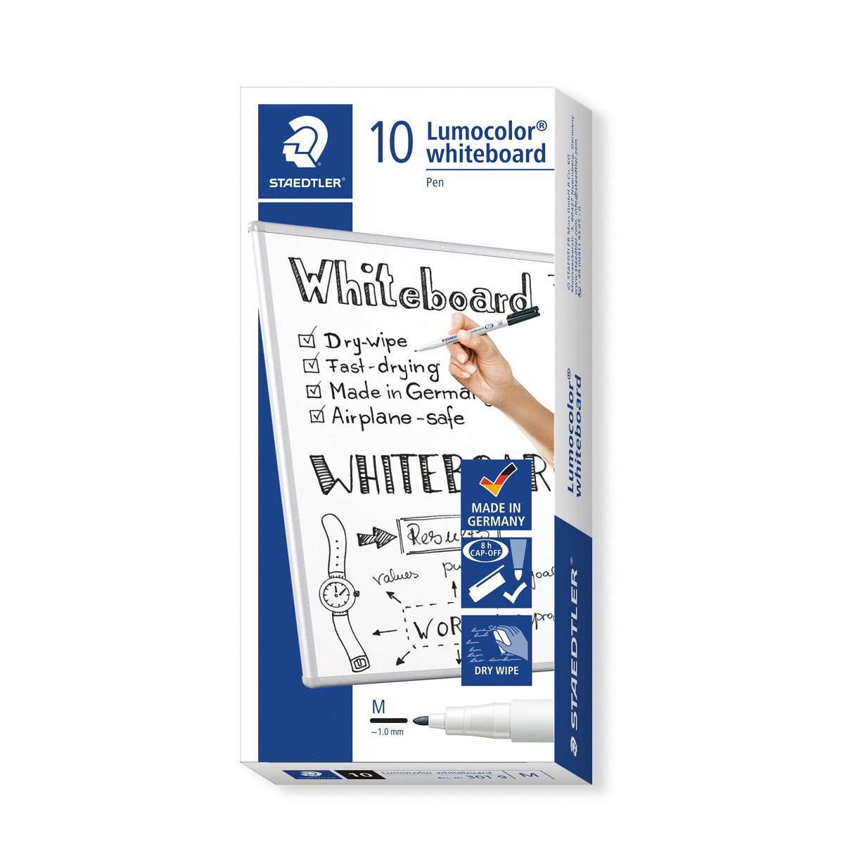 STAEDTLER Whiteboard Marker 10 Whiteboardmarker LUMOCOLOR M-Spitze 1mm schwarz, M-Spitze; Xylol- & Toluolfreie Tinte