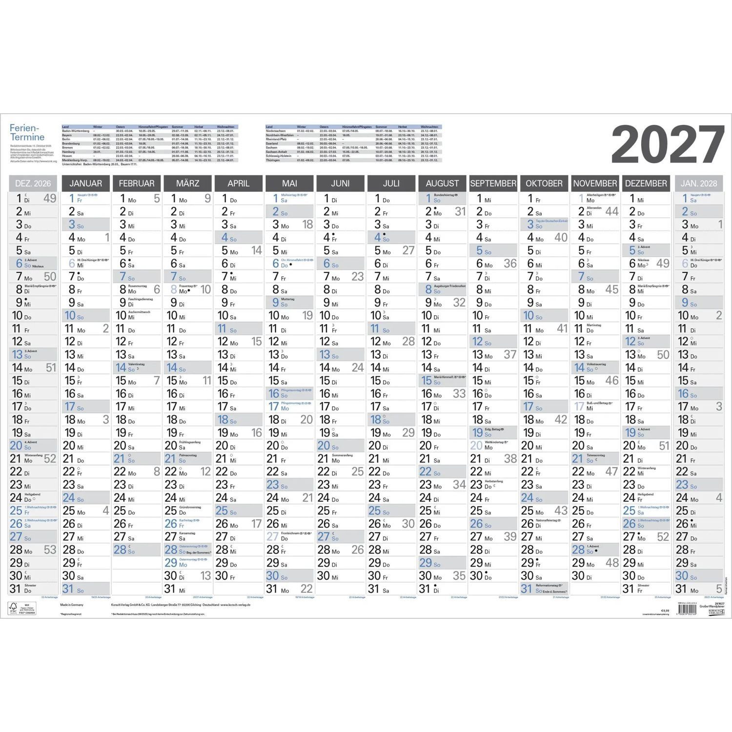 Korsch Verlag Wandkalender Großer Wandtimer 2027