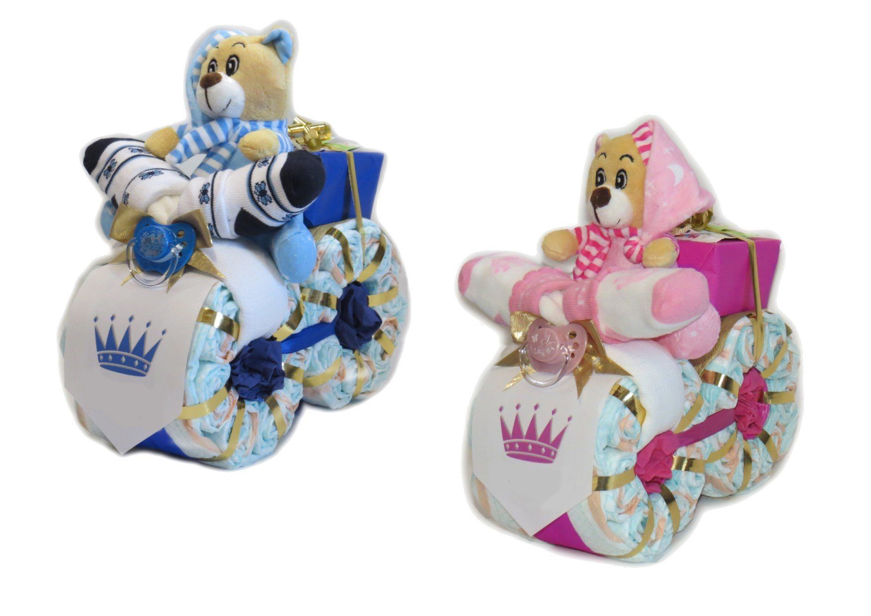 Geschenketorten-Gebhardt Windeln Windeltorte mit Windelmotorrad Prinzessin, oder Prinz Schlafbär blau