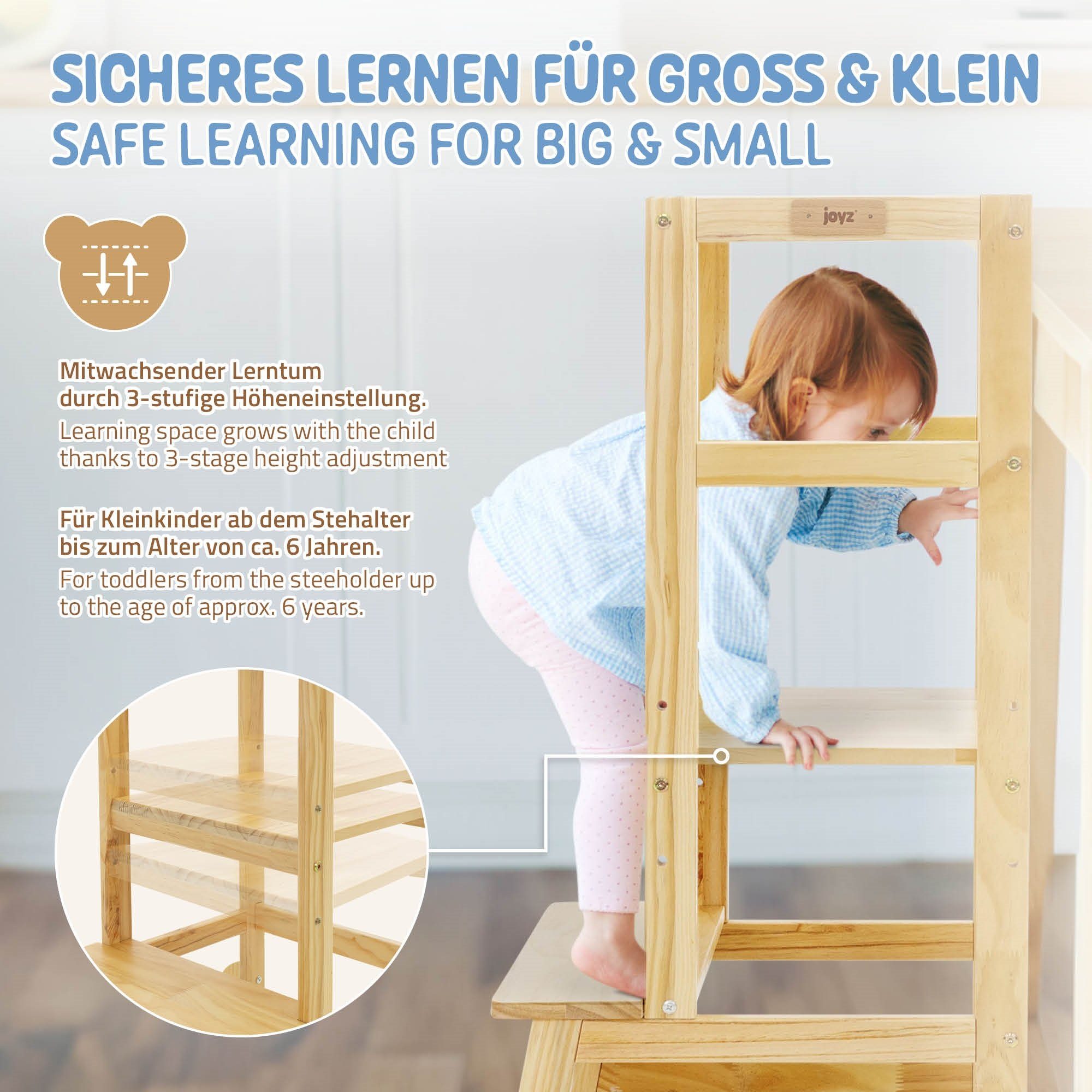 Lernturm Jahr aus Lerntower Kinderstuhl 2 Hochstuhl Schemel 1 Tritthocker verstellbar Montessori, Stufen ab Natur Holz Joyz Schutzstab mit