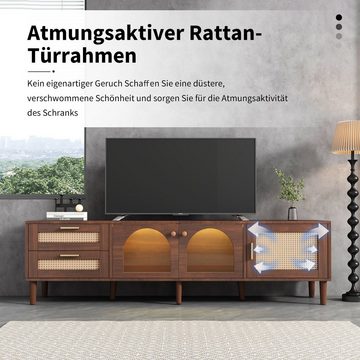 OKWISH TV-Schrank Lowboard für 80-Zoll-Fernseher (mit LED-Beleuchtung) 1 Rattan-Tür, 2 Rattan-Schubladen, 2 gewölbten Glastüren