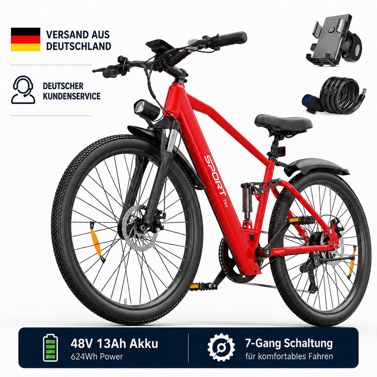PixelPilot E-Bike Cityrad 26 Zoll Elektrofahrrad 48V 13Ah Akku Herausnehmbarer Akku und Korb, 7 Gang, Nabenmotor, 624 Wh, (Packung)