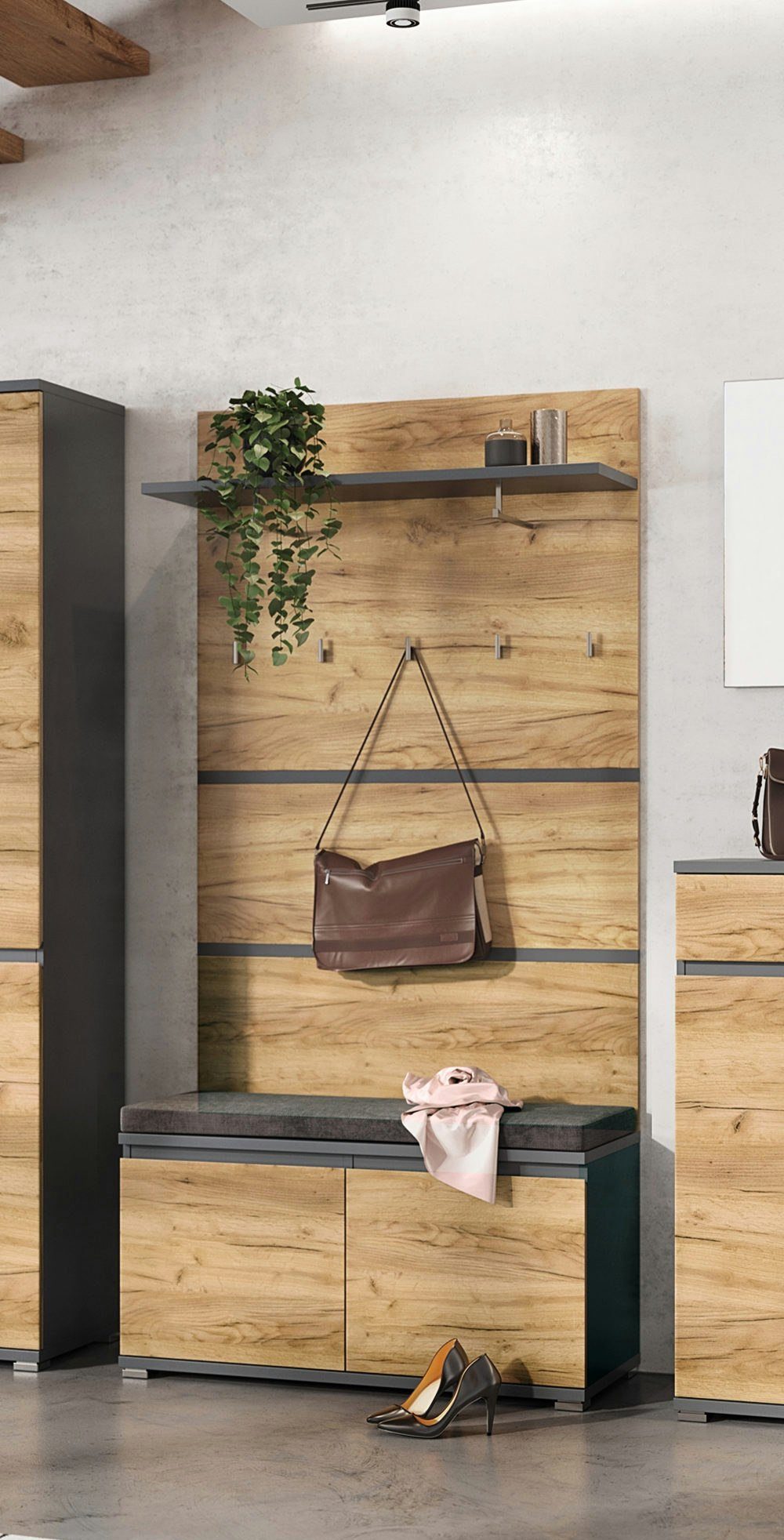 moebel-dich-auf Garderoben-Set LAUSANNE, (Set 3, Garderobenpaneel + Sitzbank), grifflose Optik, in 2 Farben erhältlich