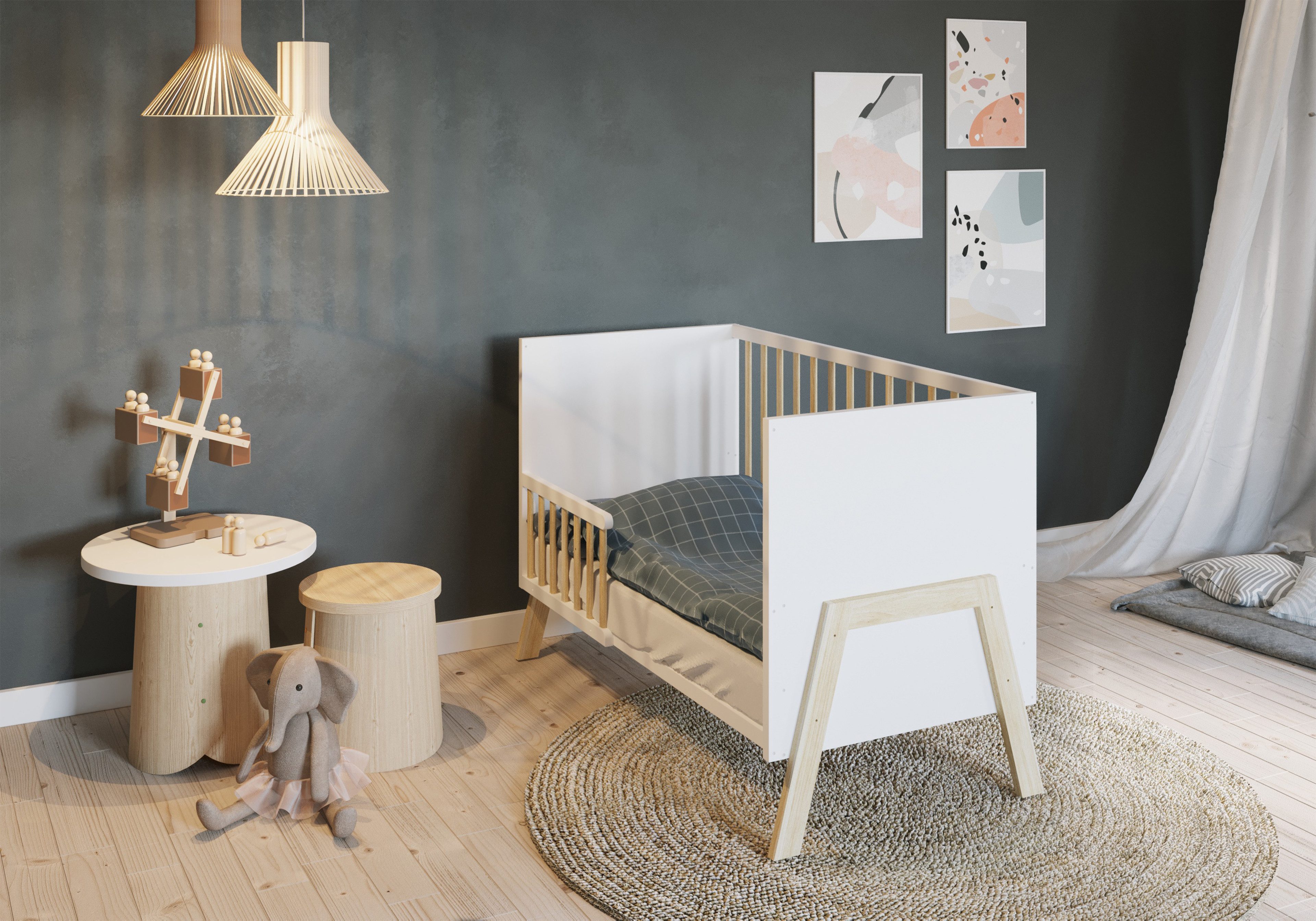 FabiMax Babybett Lunara 120x60 cm, 3-fach höhenverstellbarer Lattenrost, Umbaubar zum Juniorbett
