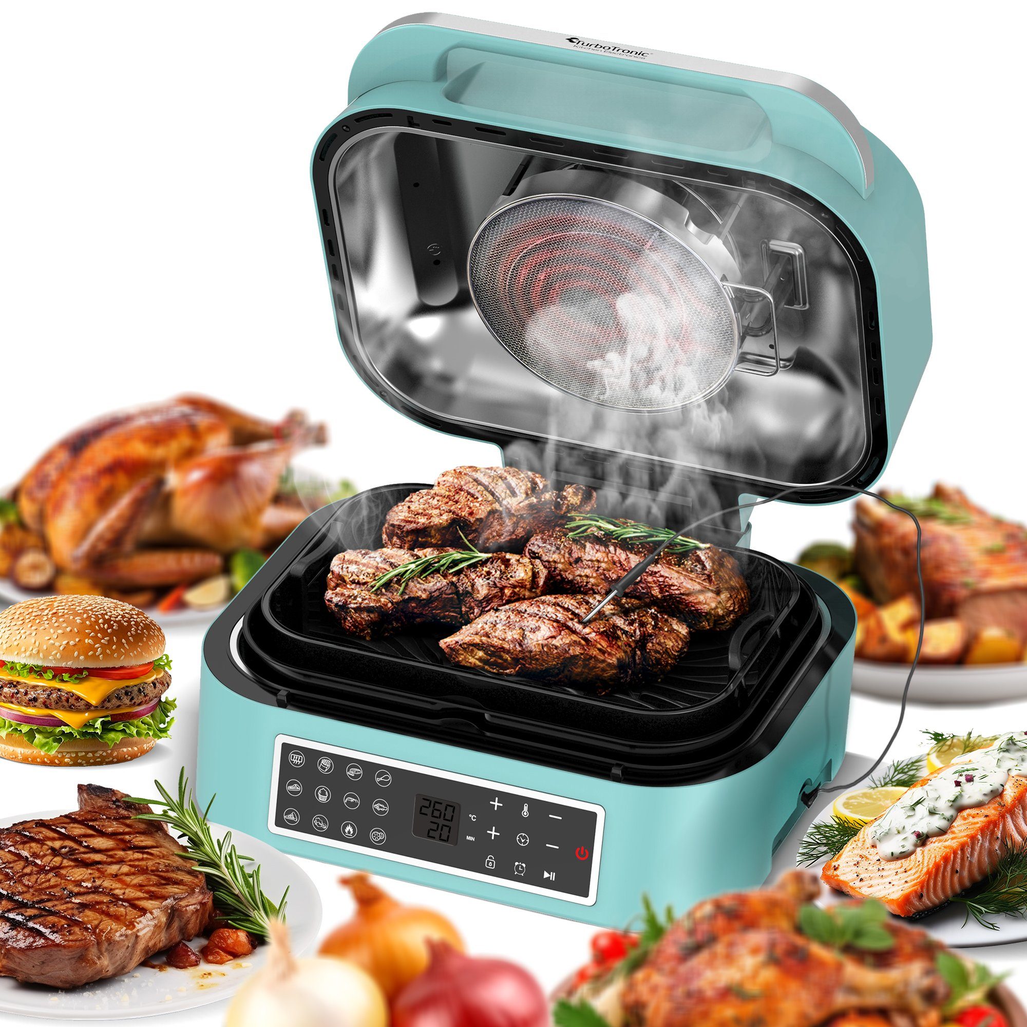 TurboTronic by Z-Line Heißluftfritteuse bis 260°C Food Grill mit digitalem Temperaturfühler 6,5 L Volumen, 1800 W, Tischgrill mit Crisper Plate Steakgrill türkis/silber