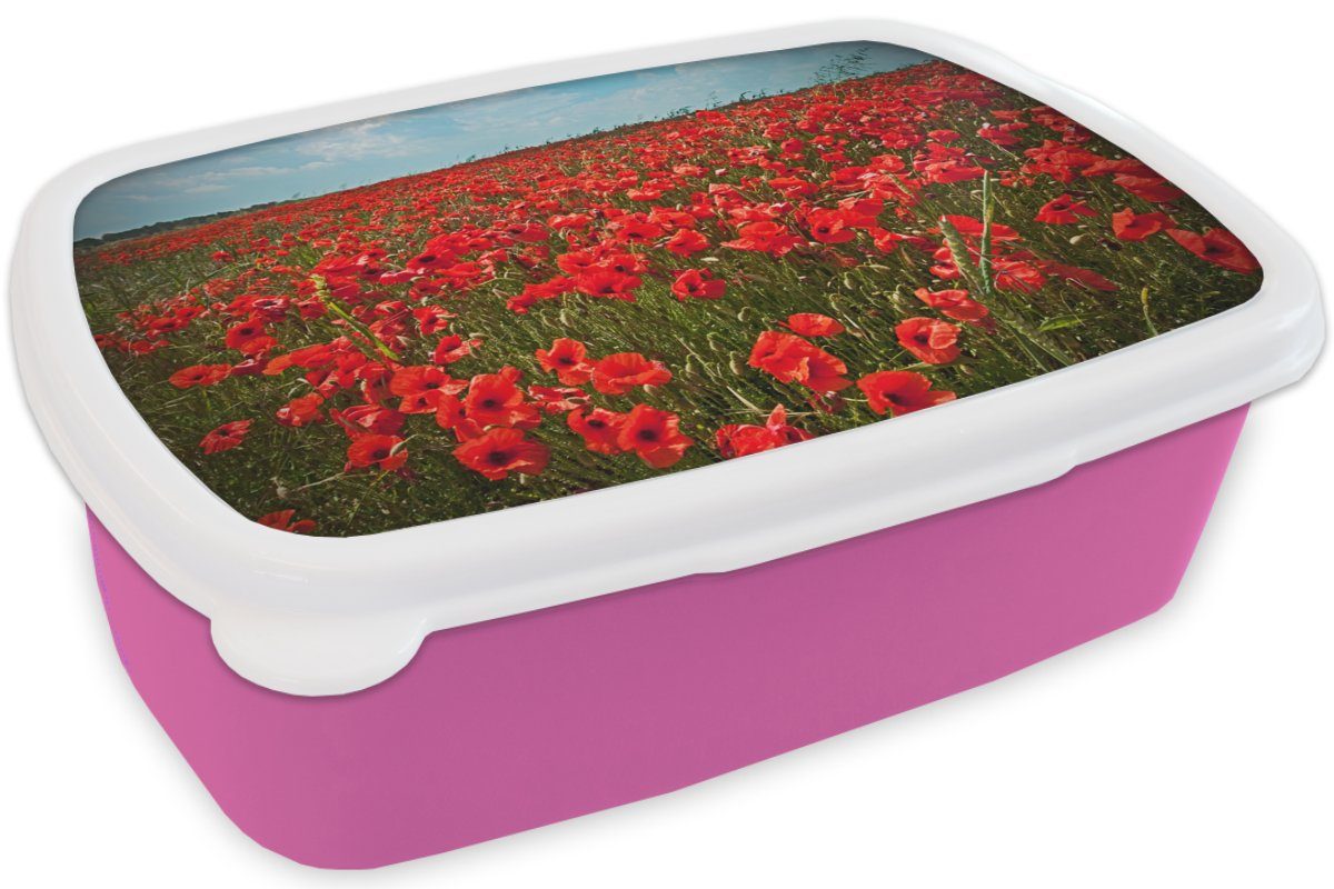 Mädchen, für Mohnblumen, Eine Kunststoff, MuchoWow voller Lunchbox Wiese Snackbox, (2-tlg), Brotbox Kinder, Brotdose Kunststoff Erwachsene, rosa