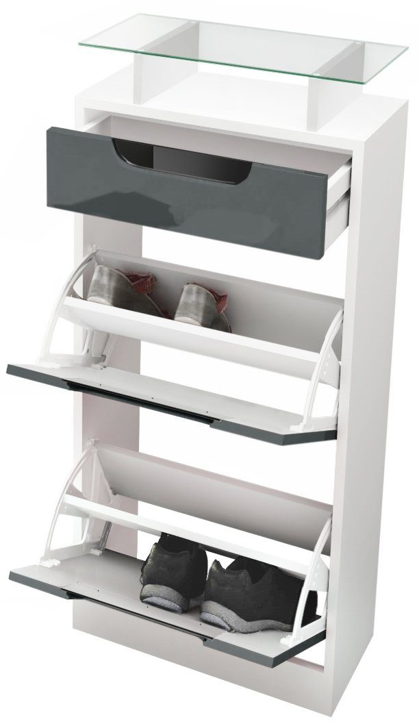 Vladon Schuhschrank Fiesta V2 (Schuhkipper für 8 Paar Schuhe, mit 2 Klappen, Schublade und Glasablage) Weiß matt/Brombeer Hochglanz, Mulden in Weiß Hochglanz (46x104x23 cm)