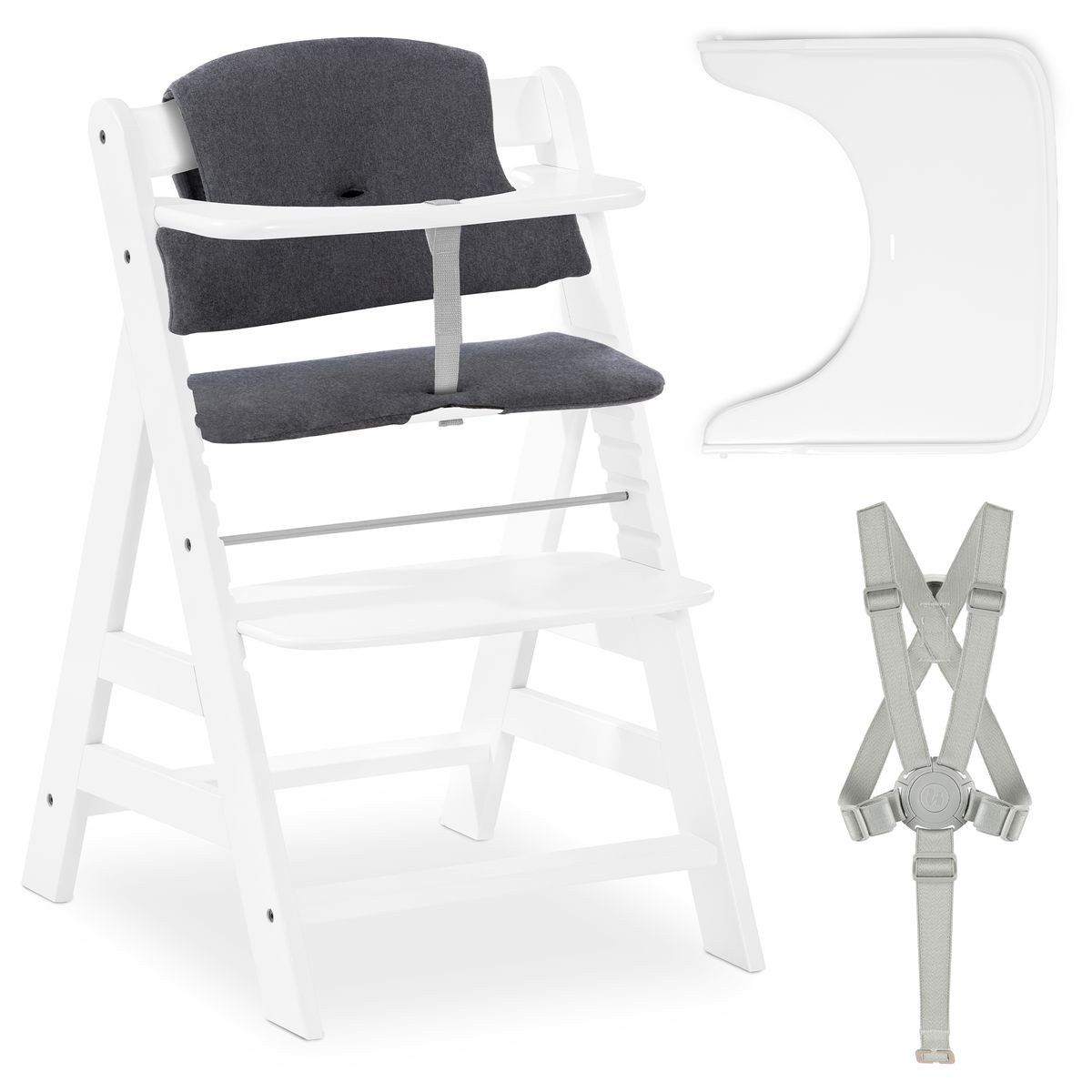 Hauck Hochstuhl Alpha Plus Weiß, Holz Kinderhochstuhl Babystuhl mit Essbrett, Sitzkissen - verstellbar