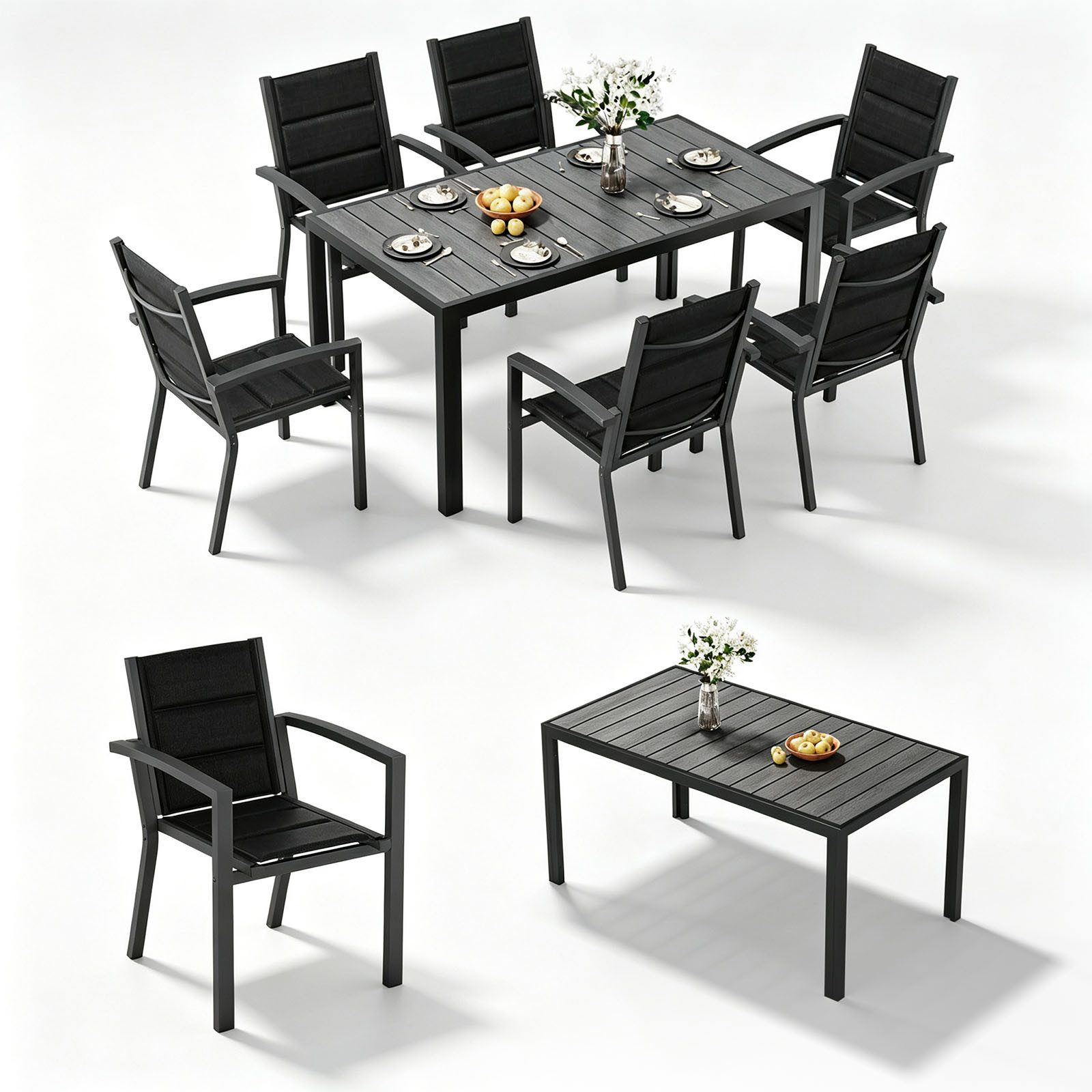 HOMALL Garten-Essgruppe 150/180cm Holzoptik Aluminiumtisch und Gartenstühle mit armlehnen, (7-tlg), Stapelbare Gartenstühle bis 160kg, rostfreier Aluminiumtisch bis 100kg
