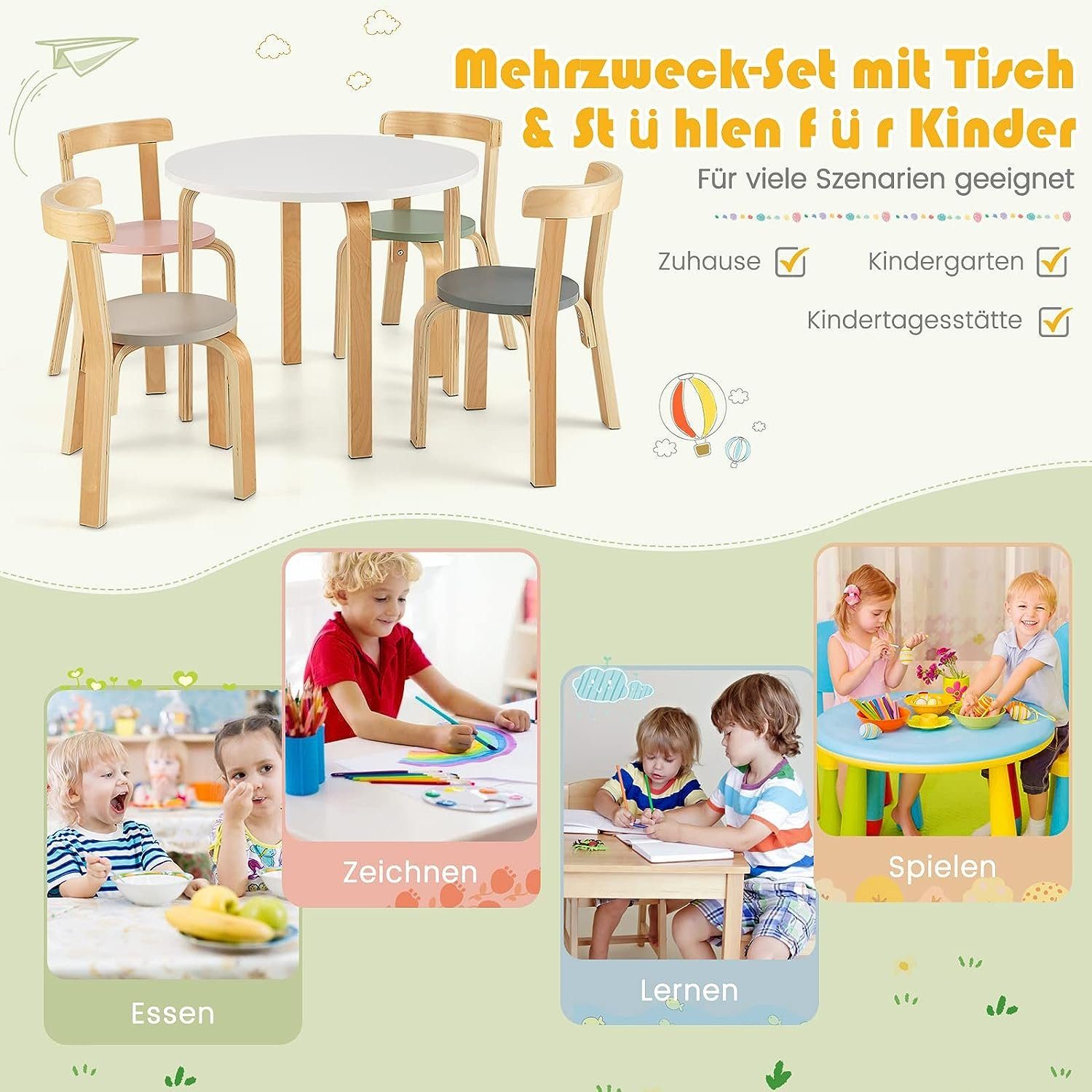 KOMFOTTEU Kindersitzgruppe Kinderaktivitätstisch, (Set, 5-tlg), aus Bugholz