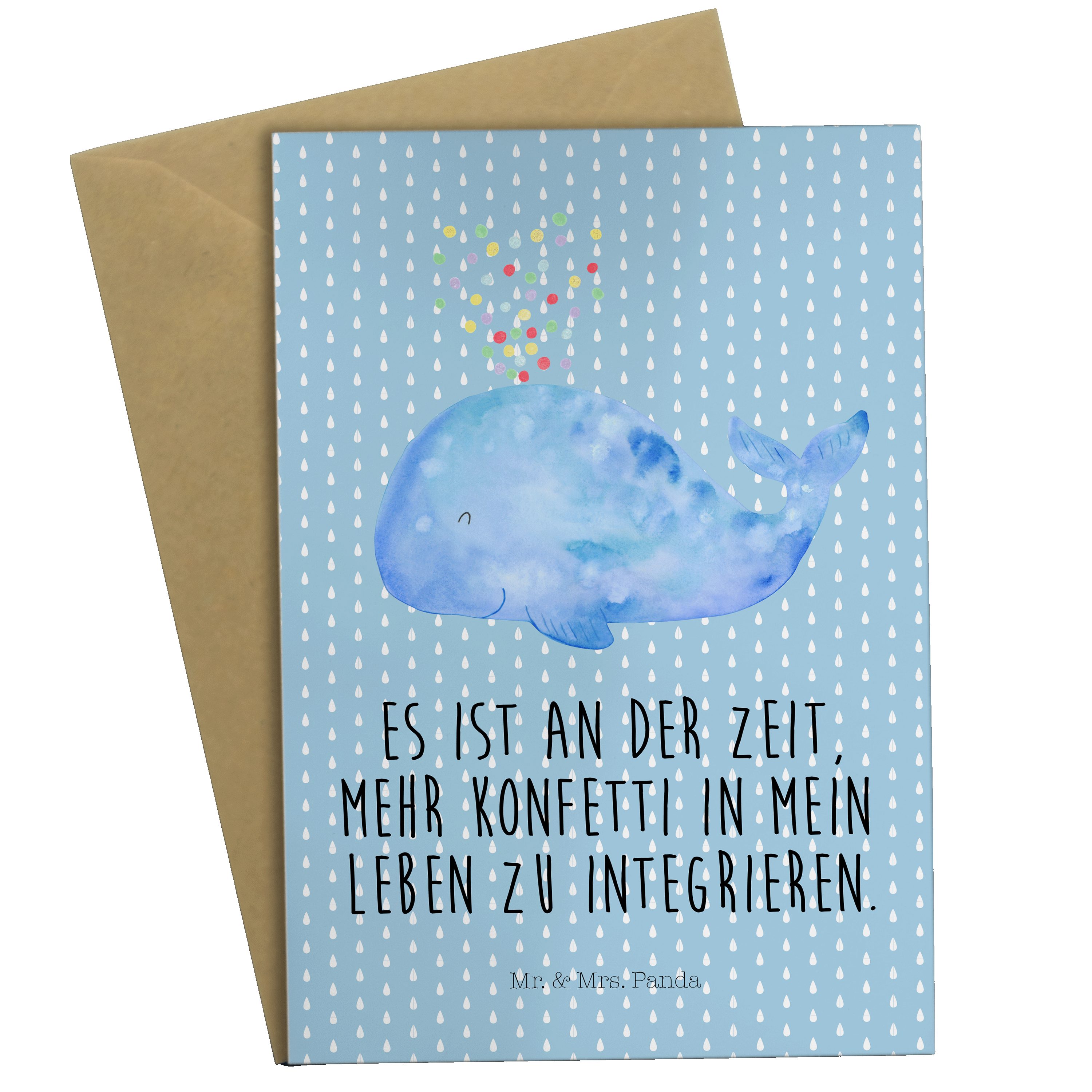 Mr. & Mrs. Panda Grußkarte Wal Konfetti - Blau Pastell - Geschenk, Urlaub, Einladungskarte, Meer