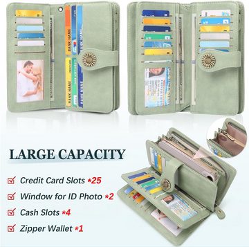 TEUEN Geldbörse (Damen Groß Vintage Leder Geldbörse, Damen Portemonnaie mit RFID Schutz), mit 24 Kartenfächer Lang Portemonnaie FrauenmitHandyfachReißverschluss