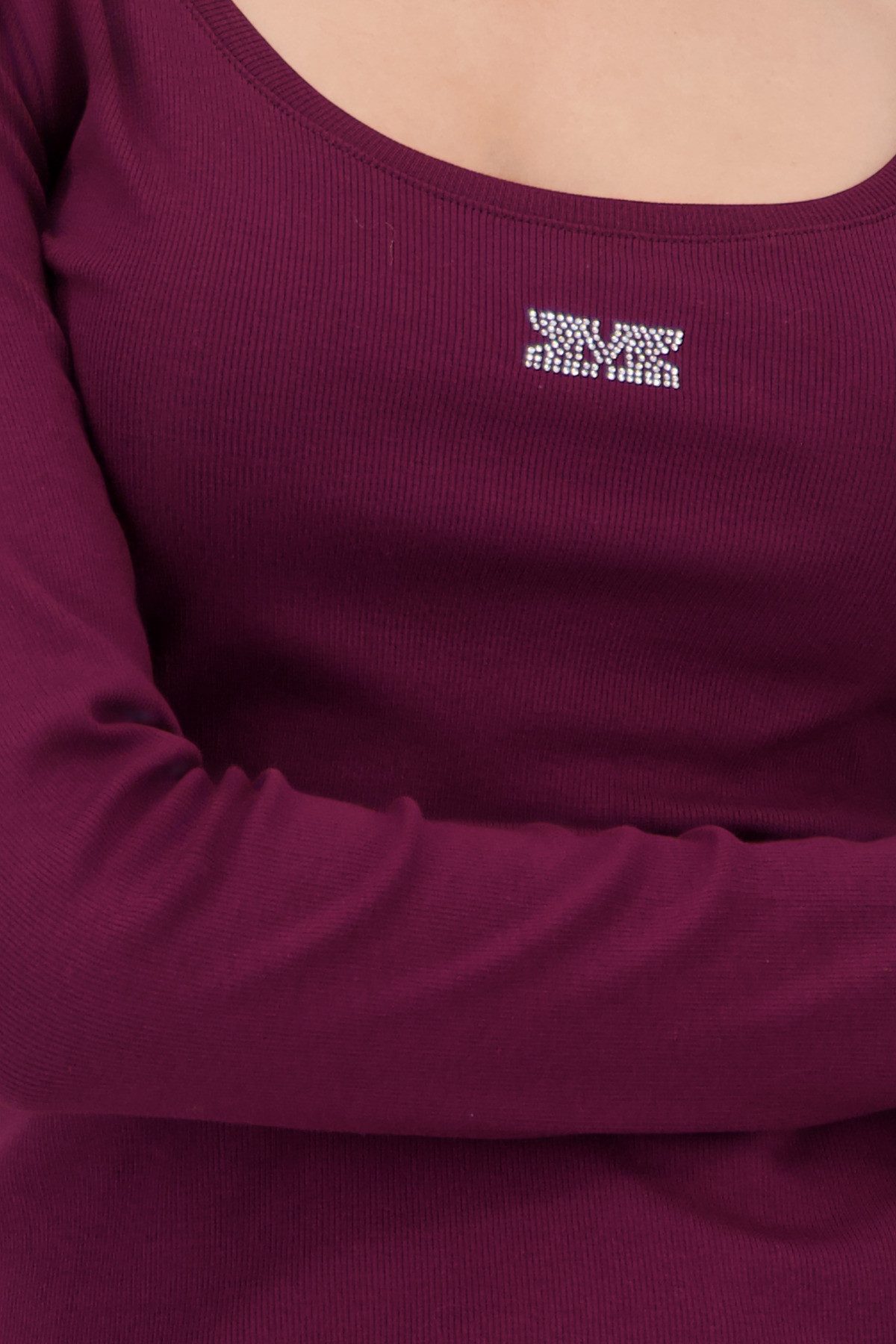 Monari Langarmshirt Shirt Rippe Schmuck Mit weitem Rundhalsausschnitt