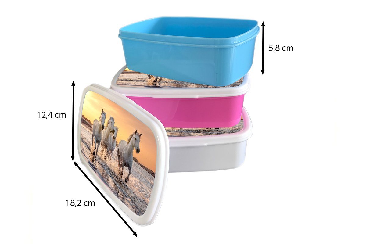 MuchoWow Lunchbox Pferde für - - (2-tlg), Mädchen, Kinder, Tiere, Brotdose Erwachsene, Kunststoff, Meer Kunststoff Snackbox, - rosa Sonne Strand Brotbox 