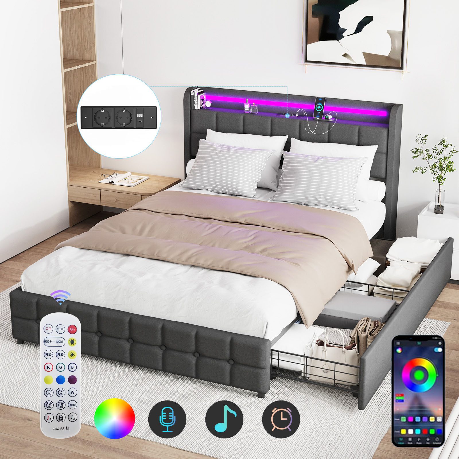 LOVONLIVE Polsterbett Doppelbett mit LED,Ladefunktion & 2 Stauraum Polsterb günstig online kaufen