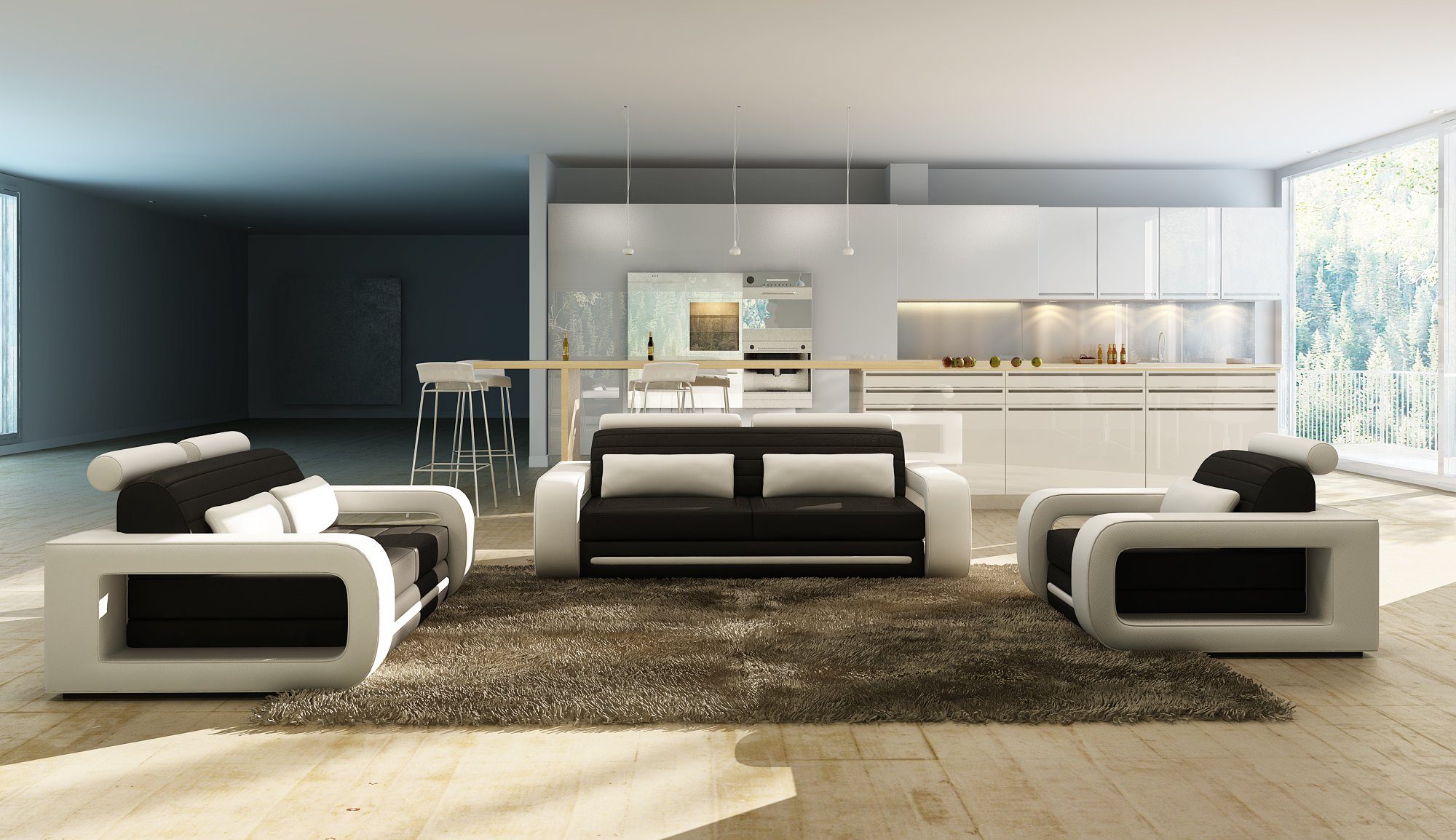 Ledersofa Weiß-schwarzes Sitzer JVmoebel Neu, Modern Design in Sofa Made 3 Europe Couch