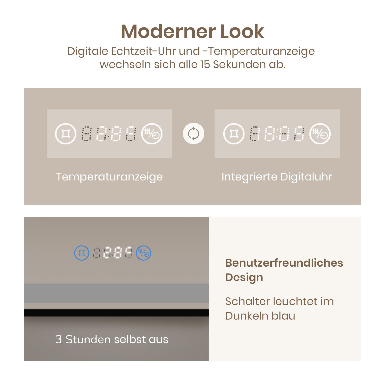 EMKE Badspiegel LED Badezimmerspiegel mit Anti-Beschlag, Uhr, Temperatur & dimmbar, 4300 K, Antibeschlag, Uhr/Temperatur, Touch, Memory, IP20 70 × 50 cm – Bild 2 von 5