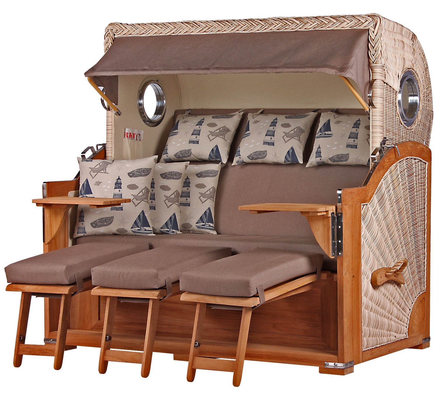 bene living Strandkorb Königssee 3-Sitzer Teak - PE shell - Modell 540, BxTxH: 170x95x170 cm, Volllieger ca. 175 Grad, Ostsee-Strandkorb, inkl. Liftersystem und Bullaugen