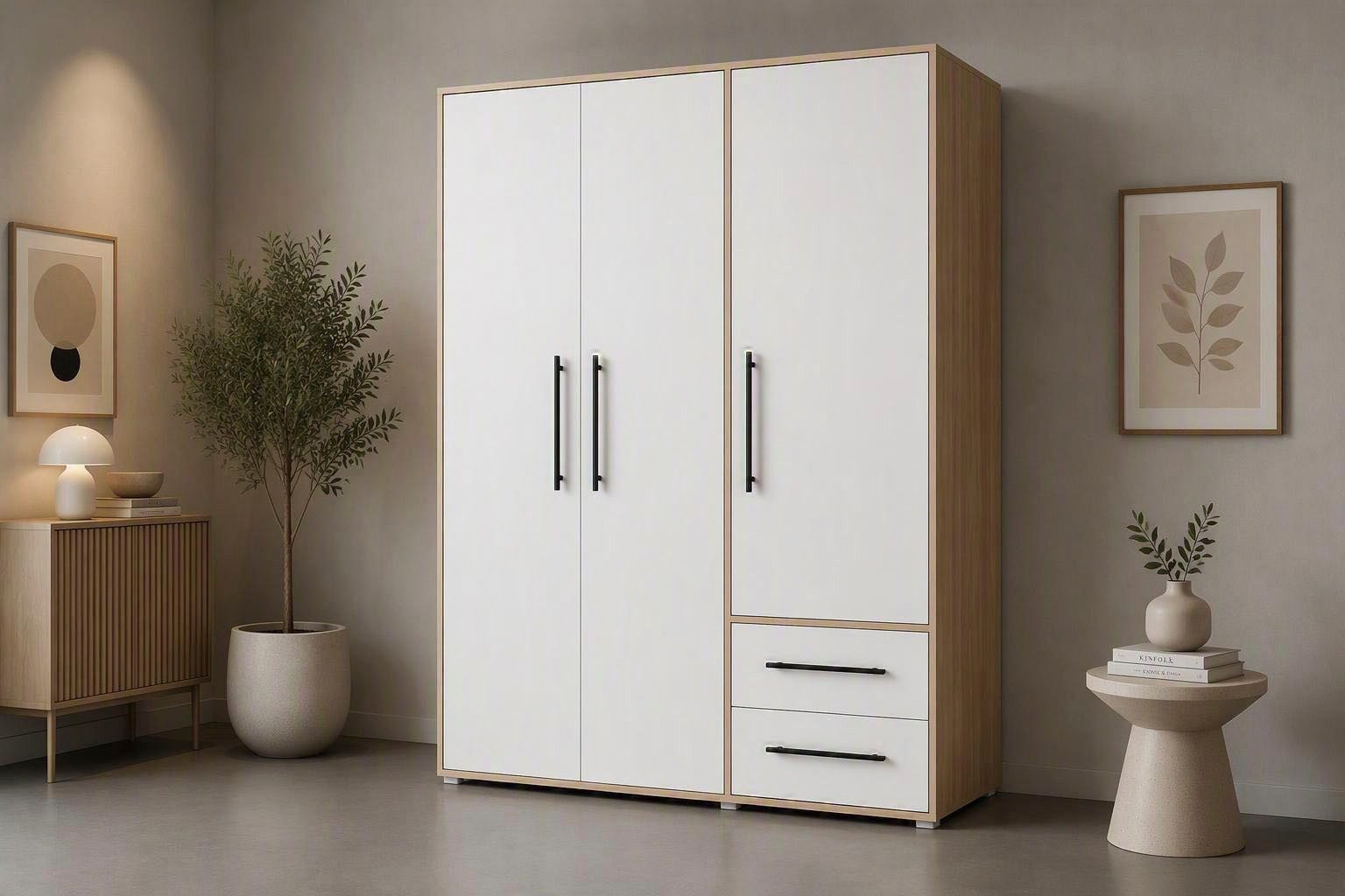 FORTE Kleiderschrank Mokkaris, Garderobe, zeitloses Design, 3 Türen, Made in Europe (B/H/T ca. 144x200x59cm) Zwei Schubladen, schwarze Stangengriffe, Stauraum, auch in Schwarz