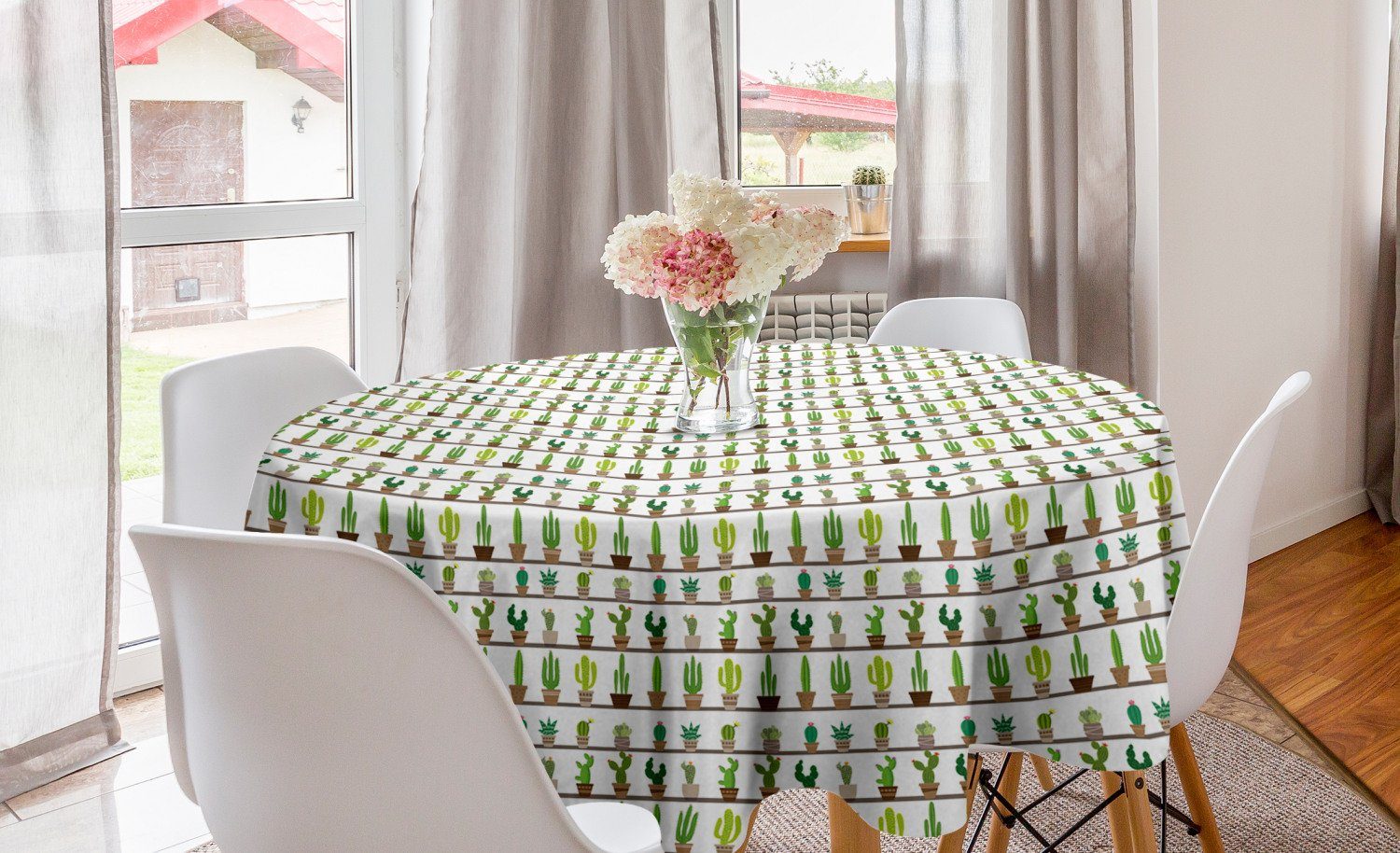 Abakuhaus Tischdecke Kreis Tischdecke Abdeckung für Esszimmer Küche Dekoration, Saftig Blühende Kakteen in Töpfen