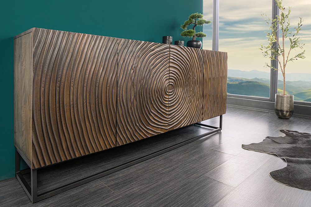 riess-ambiente Sideboard ZEN CIRCLES 180cm dunkelbraun / schwarz (Einzelartikel, 1 St), Mango-Massivholz · Metall · Kommode · 3D-Front · Modern Design