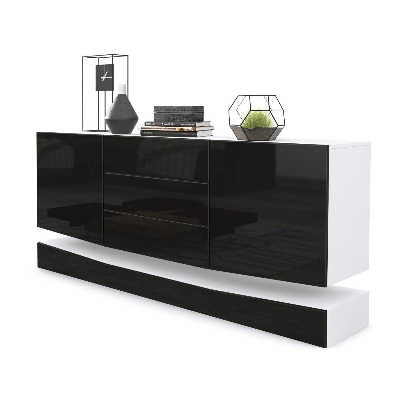 Vladon Sideboard City (Kommode, mit 2 Türen und 3 Schubladen), Weiß matt/Schwarz Hochglanz (178 x 72 x 38 cm)