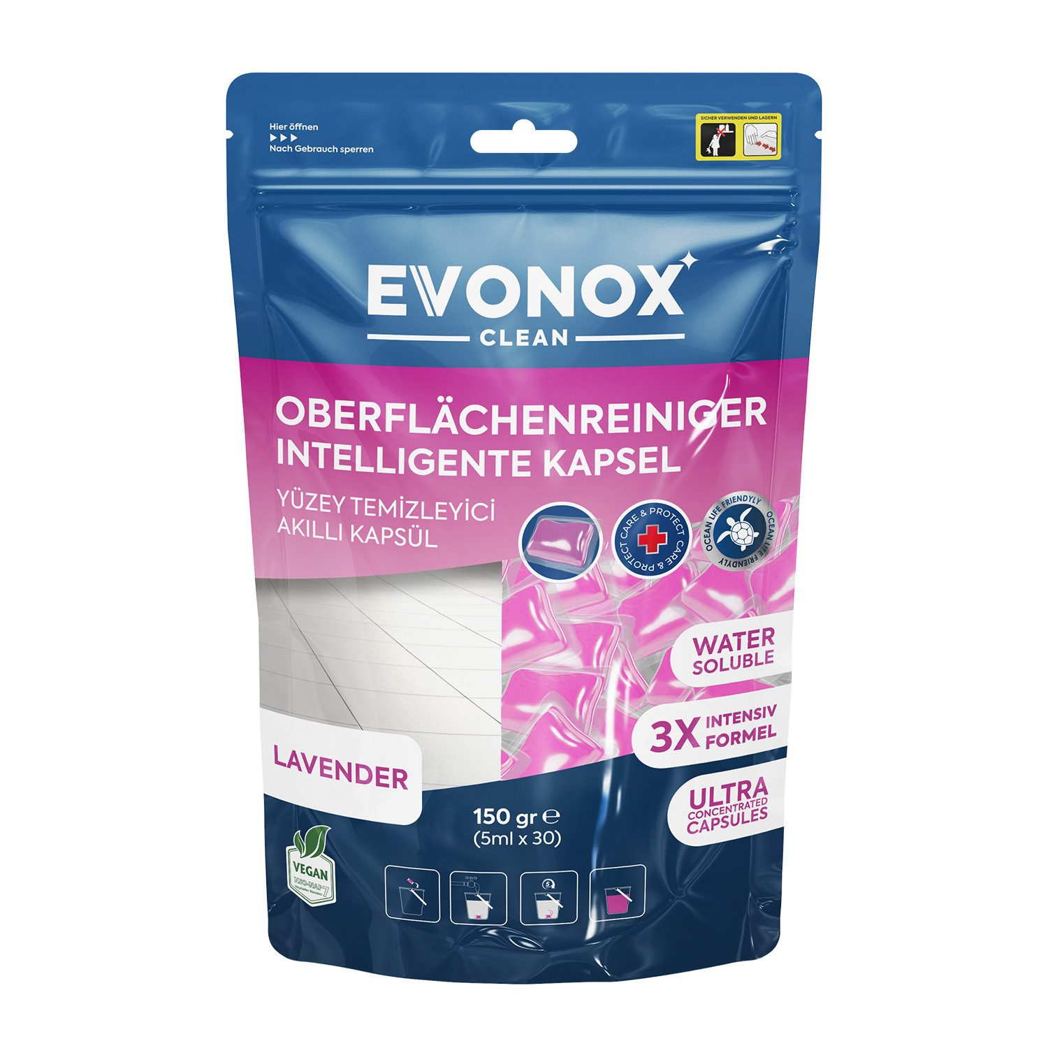 EVONOX Oberflächenreiniger–Für alle Böden Leistungsstarke, praktische Kapseln Fussbodenreiniger (Für alle Oberflächen Vielseitige, perfekte Reinigung, angenehmer Duft)