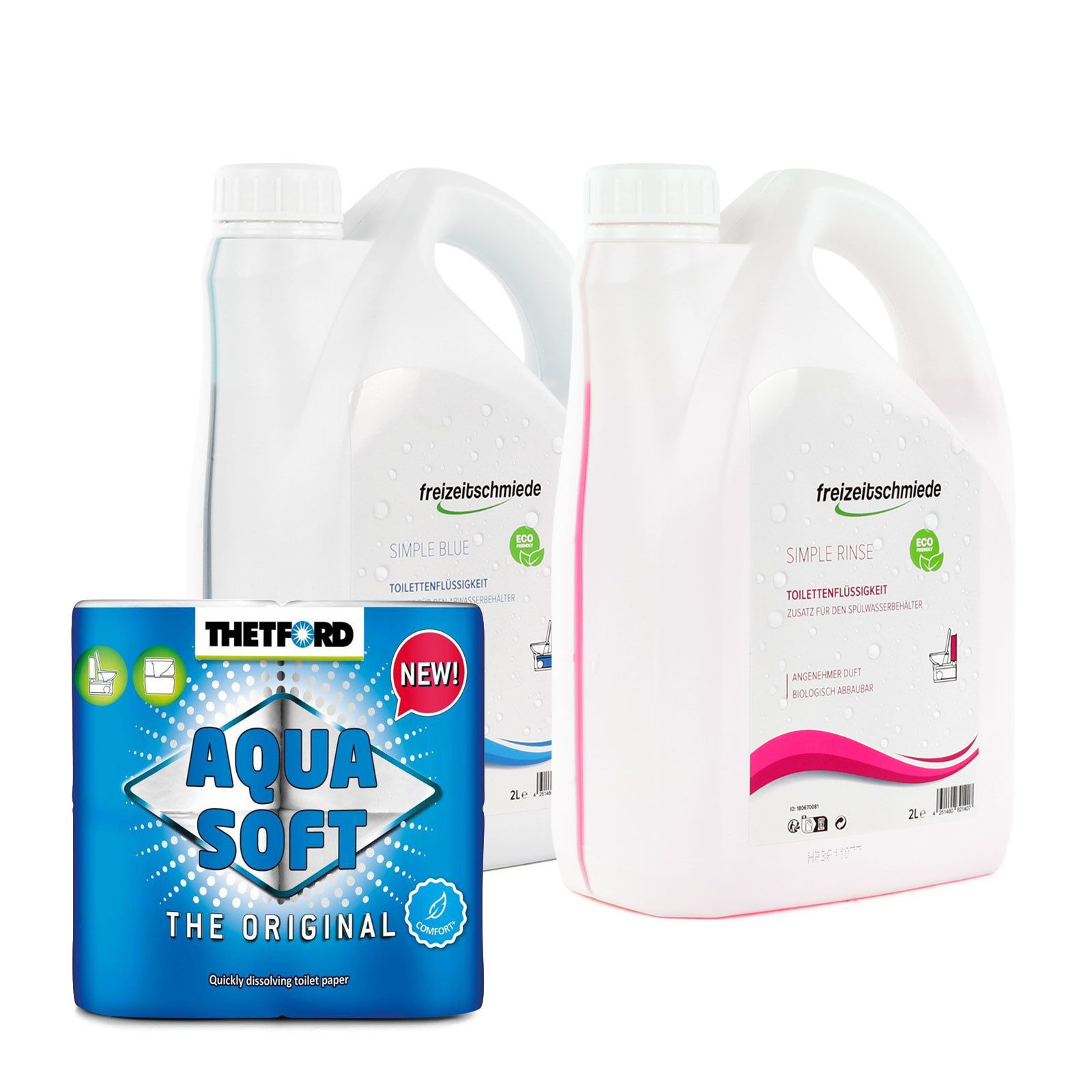 freizeitschmiede Toiletten Zusatz Set Simple Blue + Rinse je 2L, Toilettenpapier Campingtoilettenreiniger