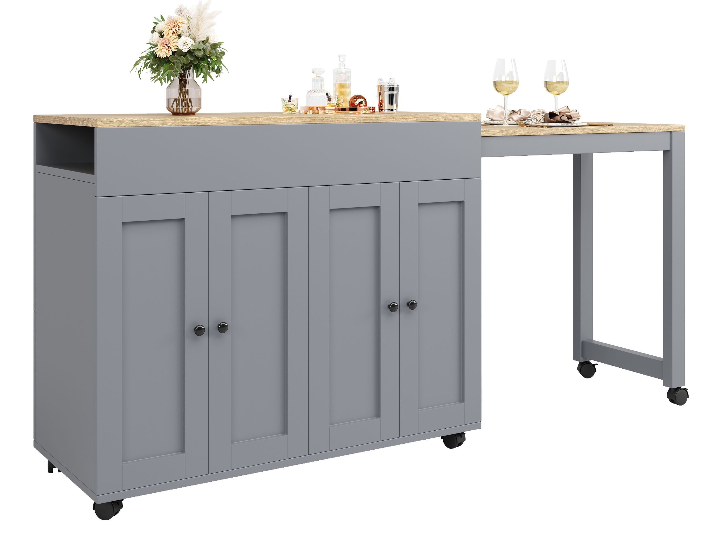 SeedWave Bartisch mit ausziehbarer Tischplatte, Doppeltürenschrank mit verstellbaren, Regalen,2-in-1 Kücheninsel & Bartisch,Sitzgelegenheit für 4-6 Personen