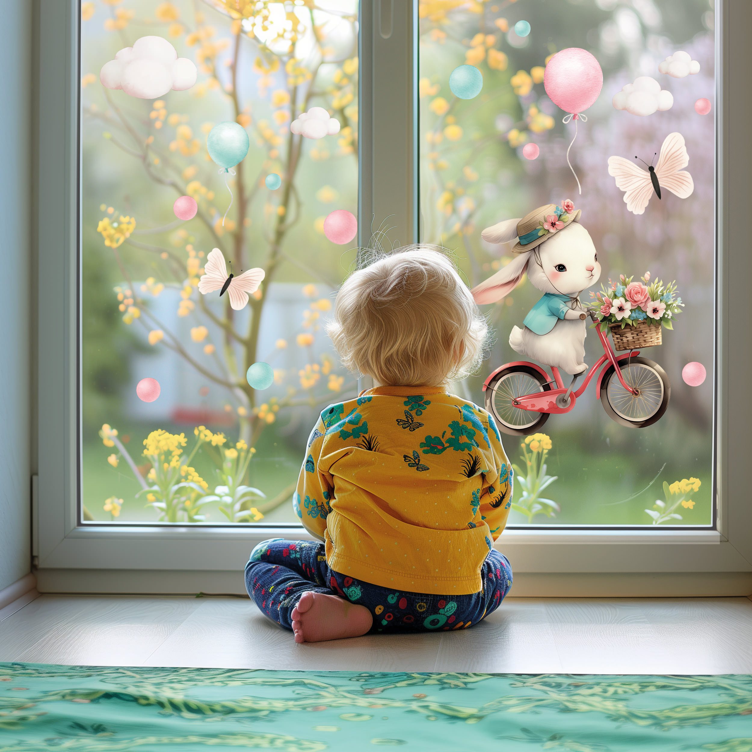 Sunnywall Fensterdekoration wiederverwendbares Fensterbild Hase auf Fahrrad Ballon Schmetterling, wiederverwendbar, statisch haftend, beidseitiger Druck