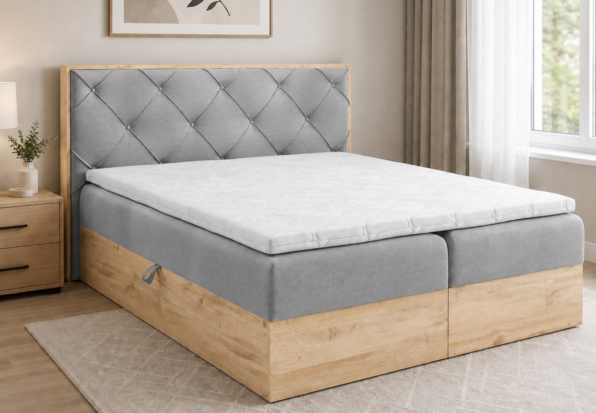 Home Collective Boxspringbett Bett Doppelbett mit Bettkasten Polsterbett Holzoptik Eiche mit Dekor (Größen 120x200, 140x200, 160x200, 180x200, 200x200 cm), inkl. Bonell-Federkern, Topper, Kristall-Steine Hellgrau
