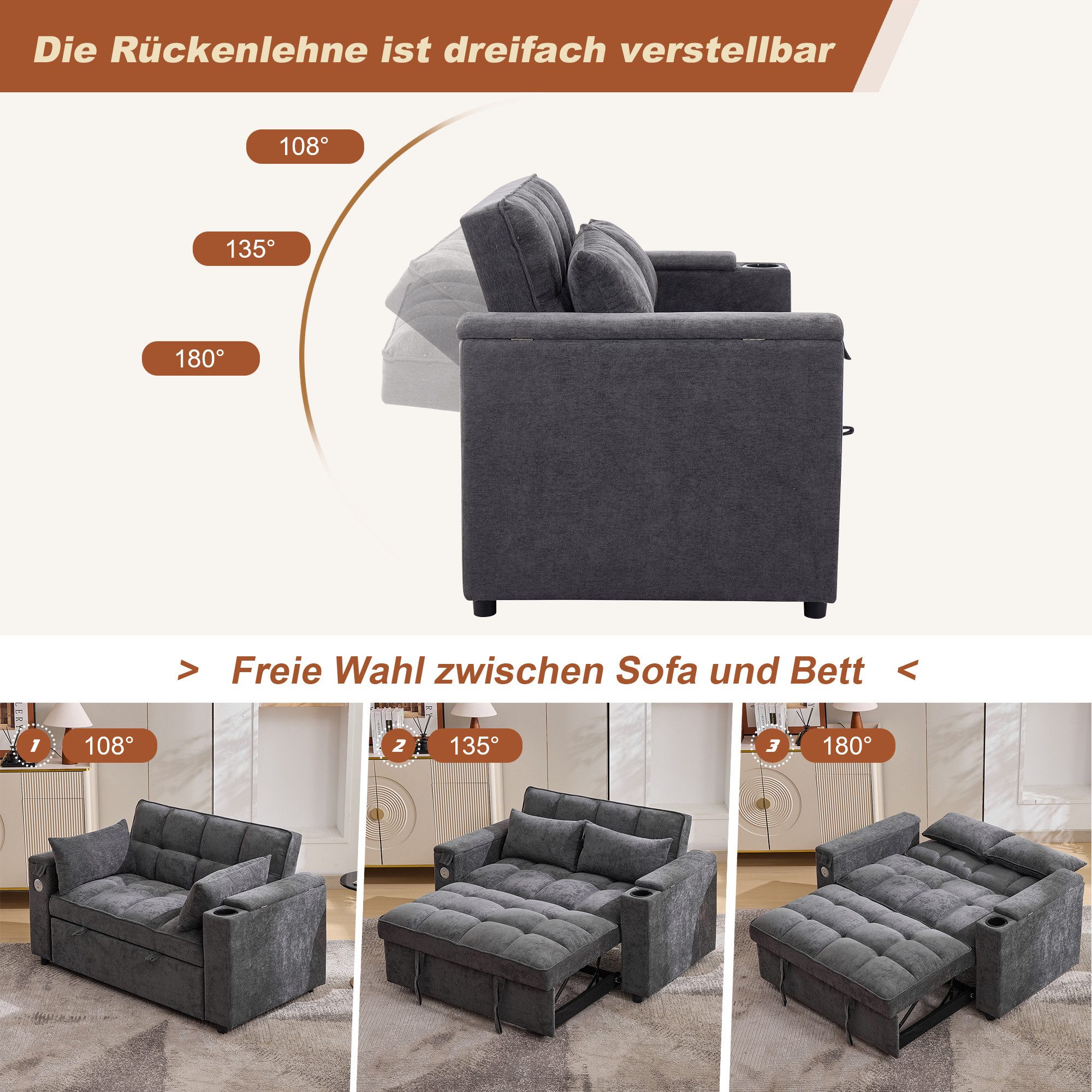 Merax Schlafsofa 3-in-1 Loungesofa faltbar Sofa mit USB & verstecktem Tisch, 1 Teile, 2-Sitzer Sofa mit verstellbarer Rückenlehne, Getränkehalter & Rollen – Bild 5 von 5