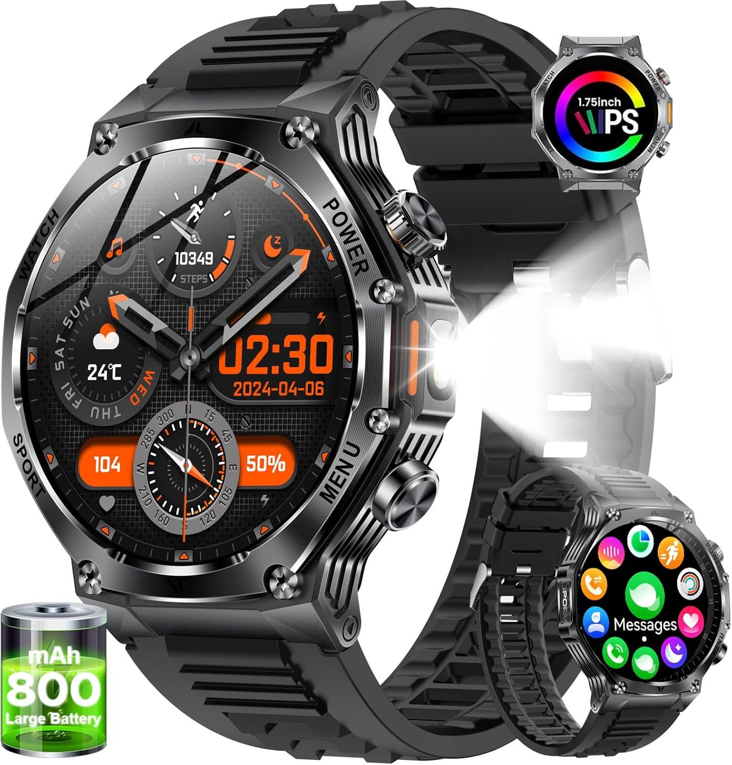 SUNKTA EF15-F Smartwatch (4,5 cm, android ios), SMARTWATCH FÜR HERREN MIT 1,75 ZOLL DISPLAY UND ROBUSTEM GEHÄUSE